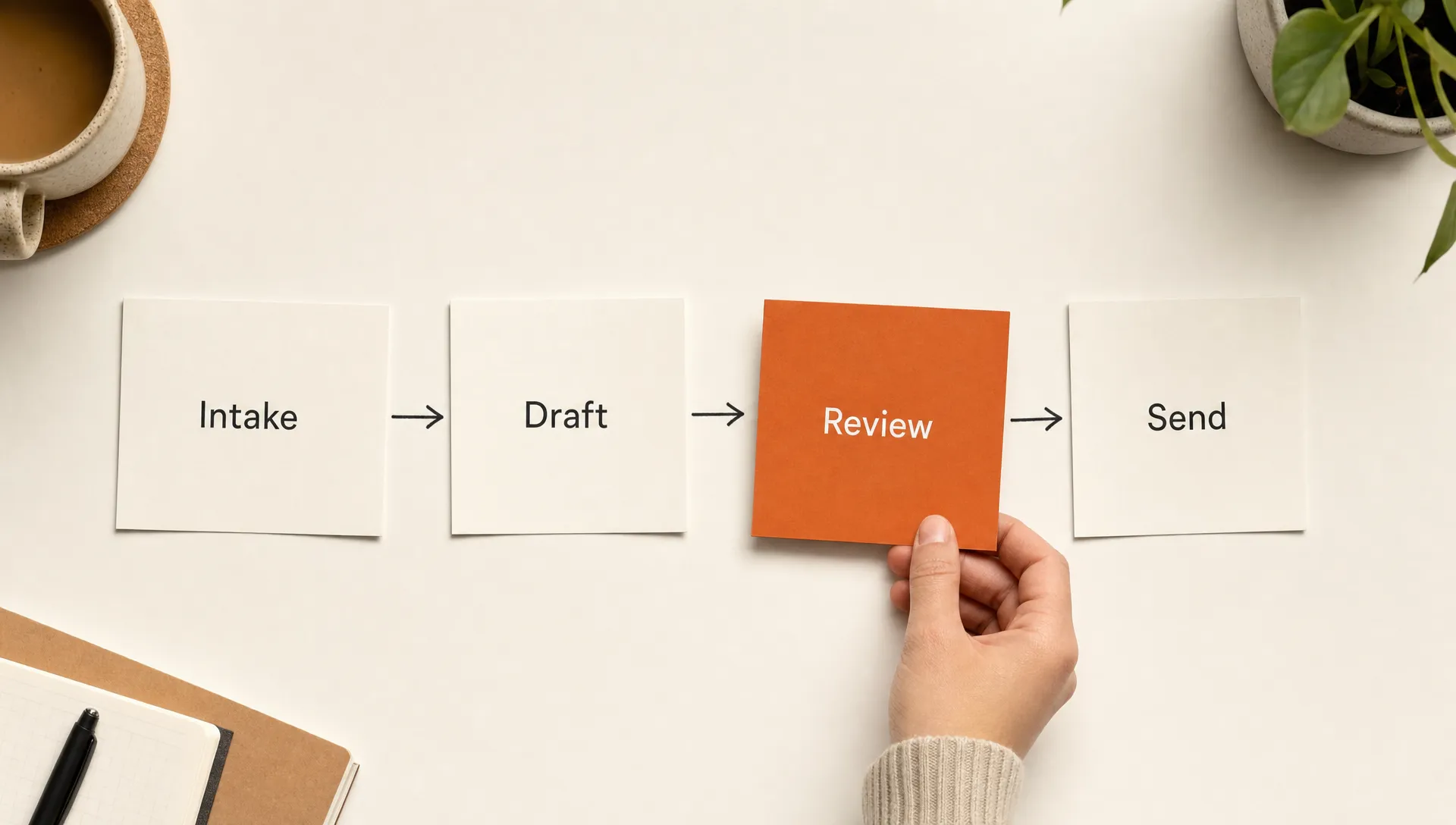 A simple workflow diagram shows intake, draft, review and send as paper cards with one burnt orange review card on an off-white background.