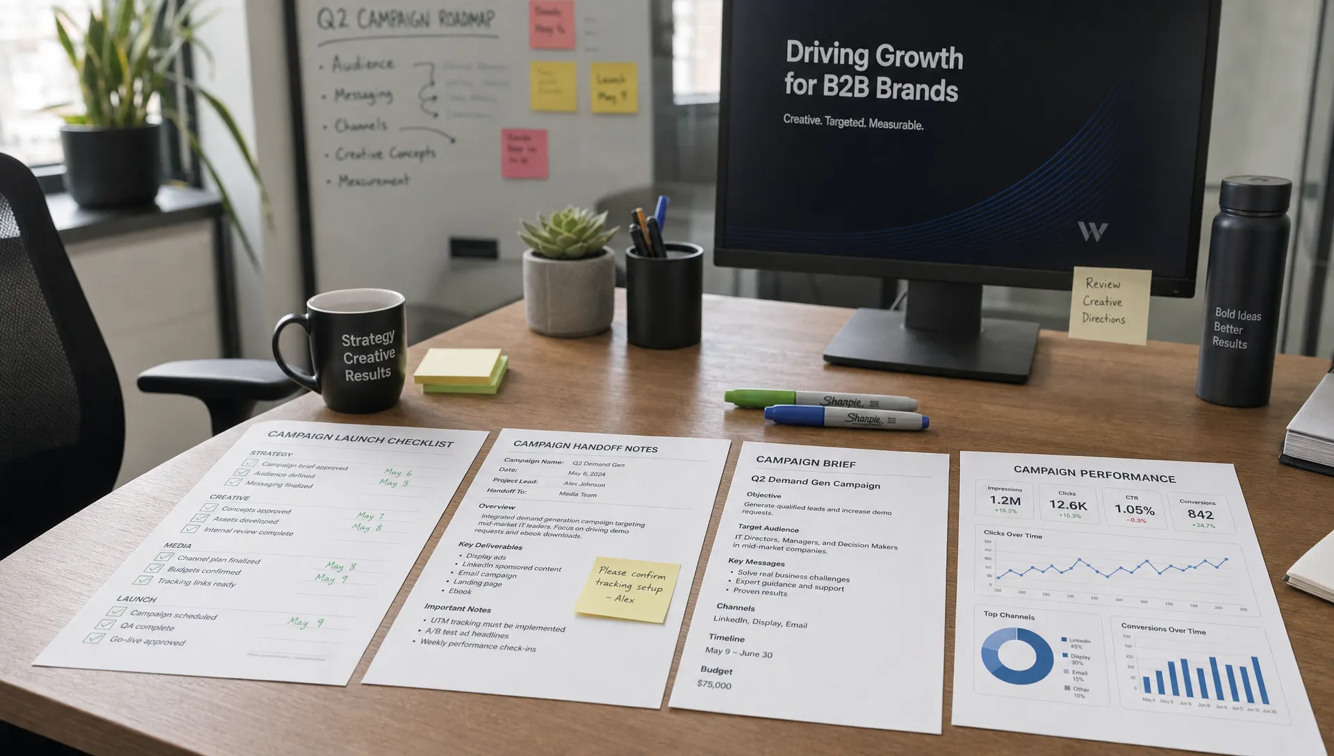 A side view of a B2B advertising agency desk with a printed campaign launch checklist, handoff notes, approval markers, campaign brief pages, and simple performance charts spread across the surface.