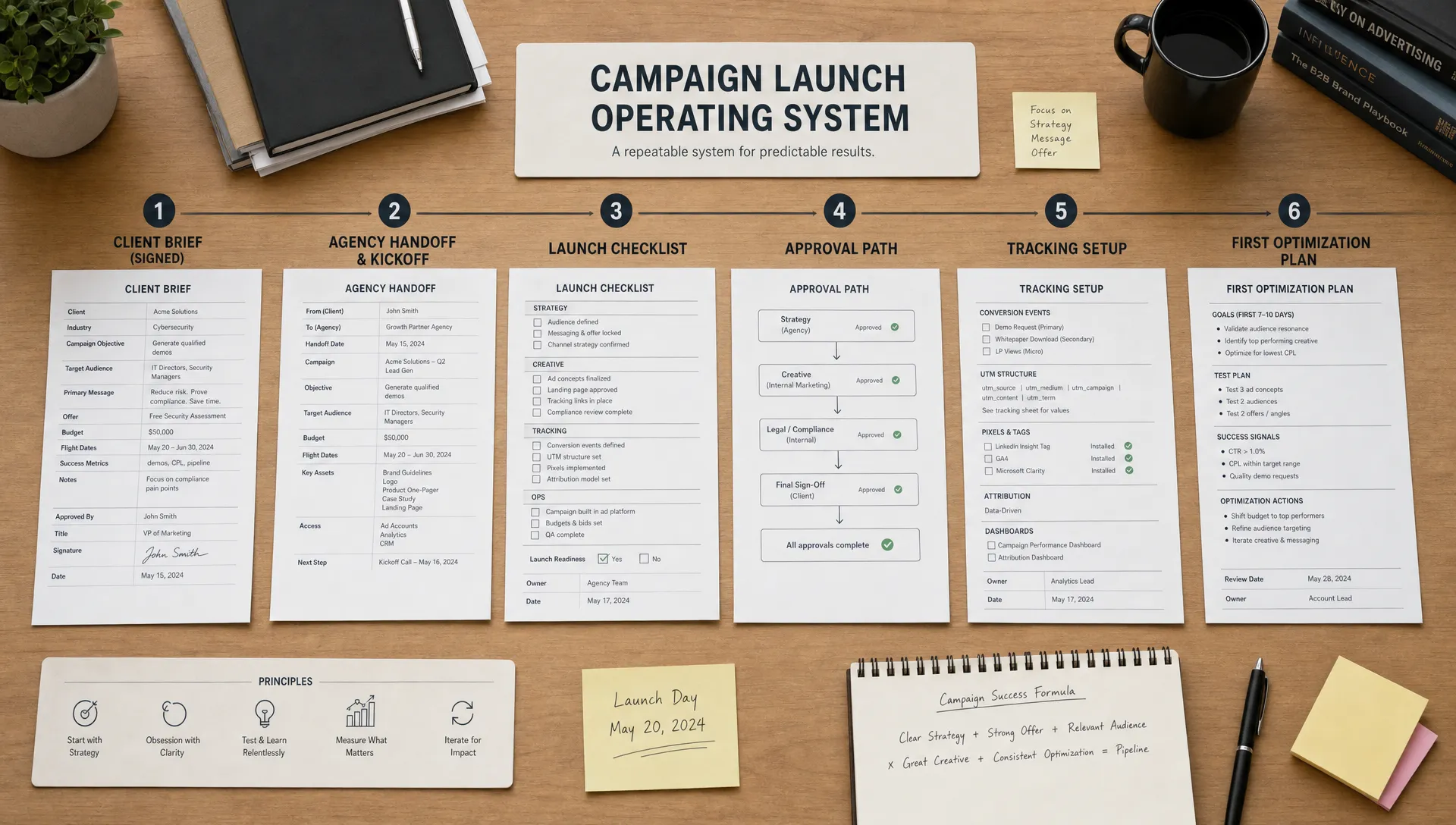 A conceptual overhead scene of a campaign launch operating system laid out as a clean sequence on a large table, with a signed client brief, a handoff form, a launch checklist, an approval path sheet, a tracking setup page, and a first-optimization note arranged like connected steps. No people are present; the composition should feel like the hidden system behind a B2B advertising launch, with the papers and workflow structure as the clear focus.