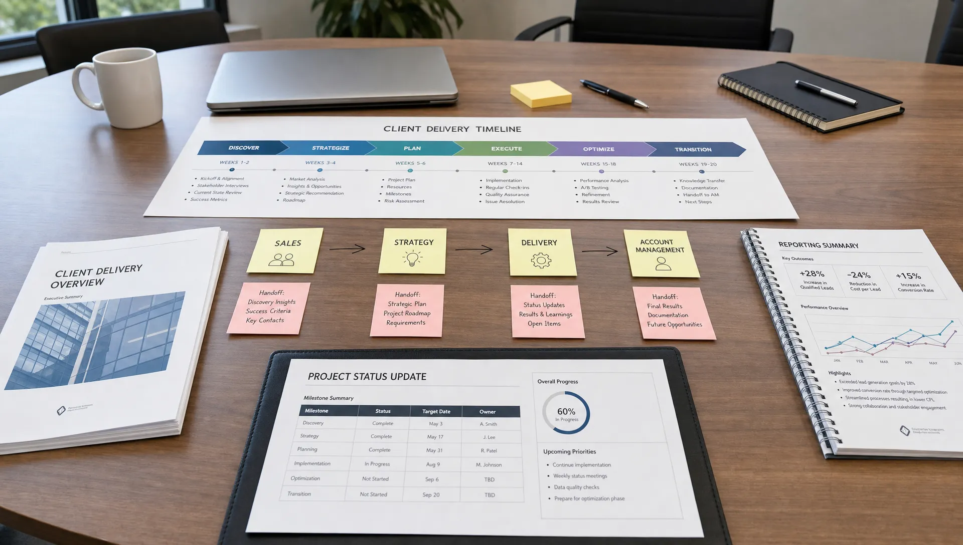 A conference table with organized client delivery materials, a project timeline, printed reporting summaries, and neatly arranged sticky notes showing handoff points between sales, strategy, delivery, and account management.