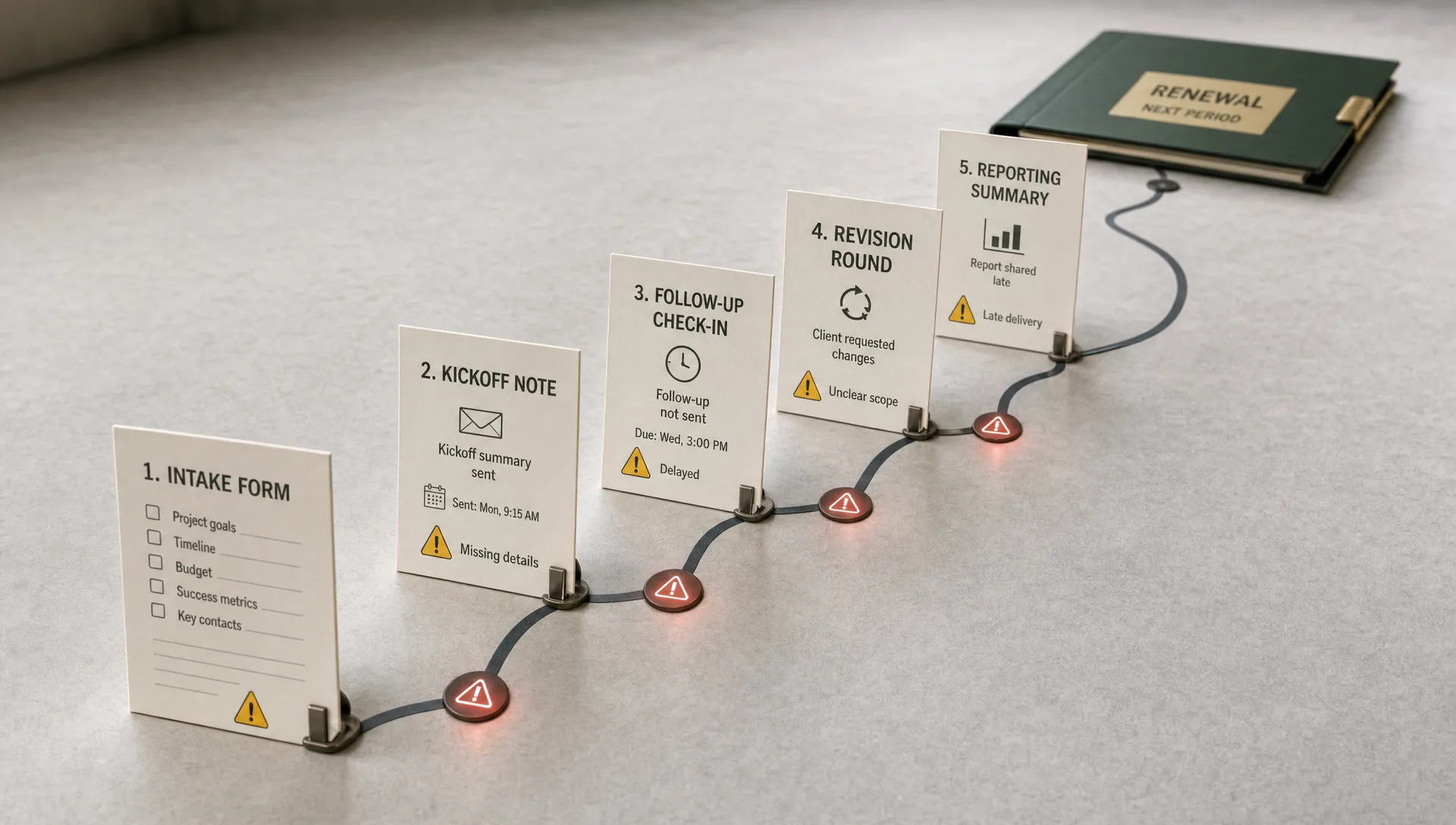 A conceptual scene showing a client trust gap as a sequence of small operational breakpoints across a single service journey: an intake form, a kickoff note, a delayed follow-up card, a revision marker, and a reporting summary, all arranged along a clean tabletop path that leads toward a closed renewal folder in the distance. No people are present. The composition should feel like the hidden friction clients notice before leadership does, with the focus on recurring handoff and reporting failures rather than a desk or wall-board office setup.