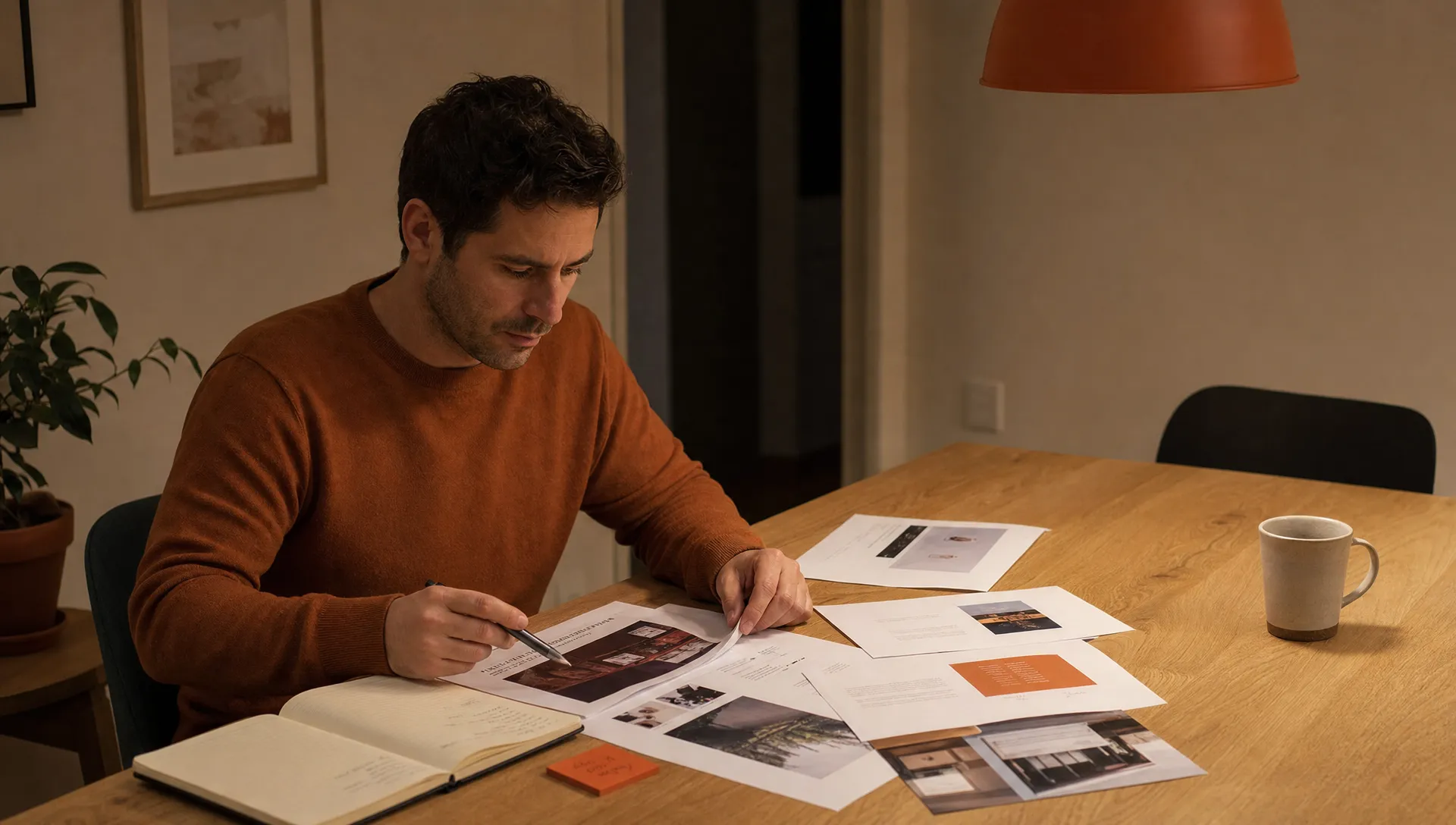 An agency owner reviews a client report at a dining table with prints, a notebook, and one burnt orange sticky note.