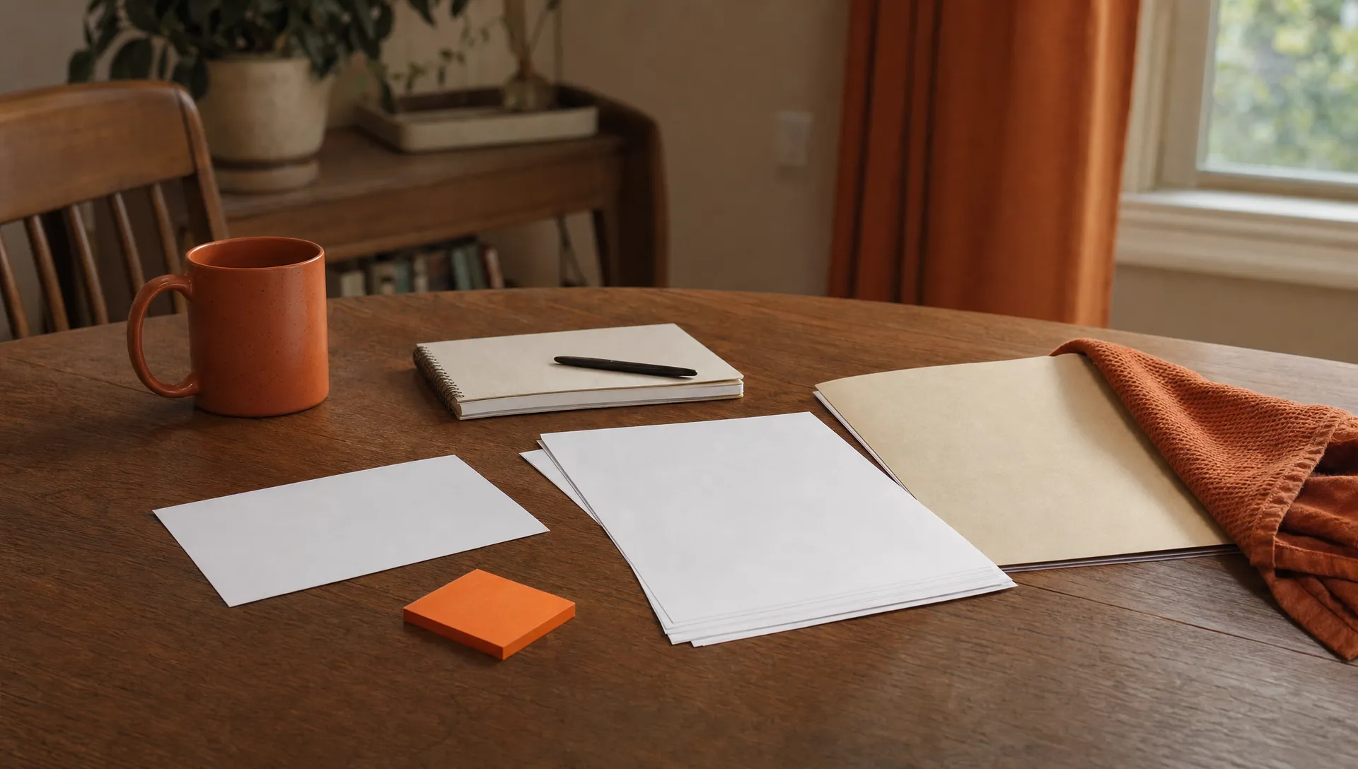 Blank report sheets and a notebook sit on a home table as an agency owner checks reporting.