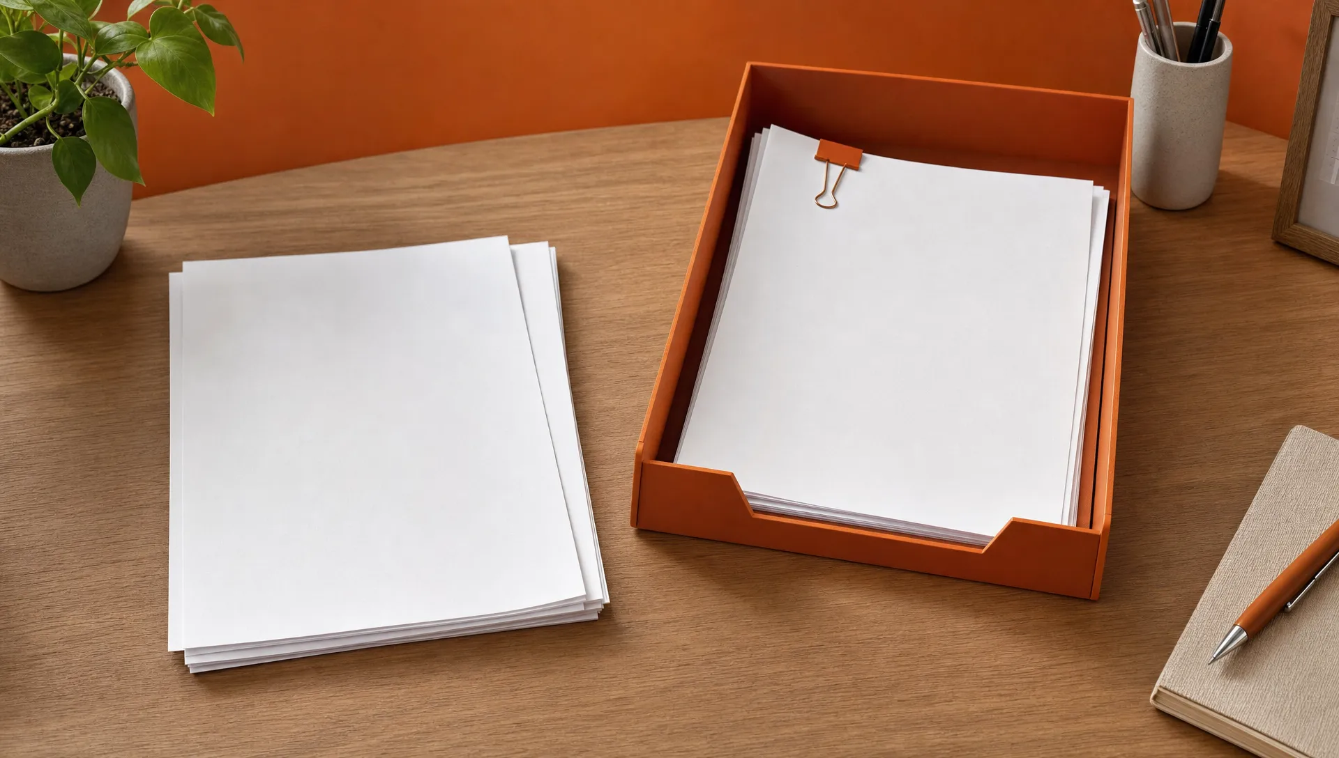 A small stack of blank report sheets sits beside a review tray, with one page held back by a burnt-orange paper clip.