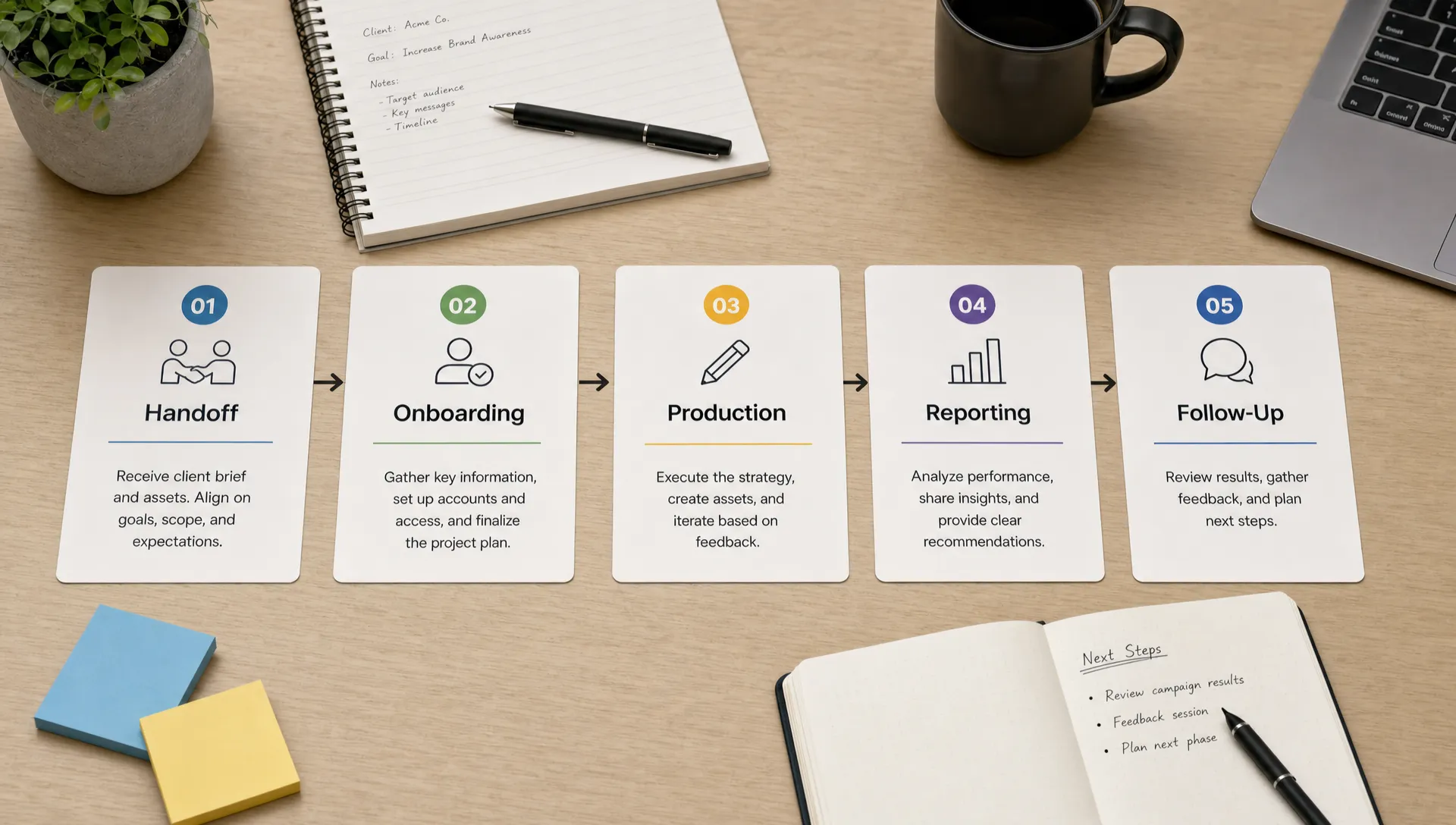 A clean agency workflow is laid out on a table with labeled cards for handoff, onboarding, production, reporting, and follow-up.