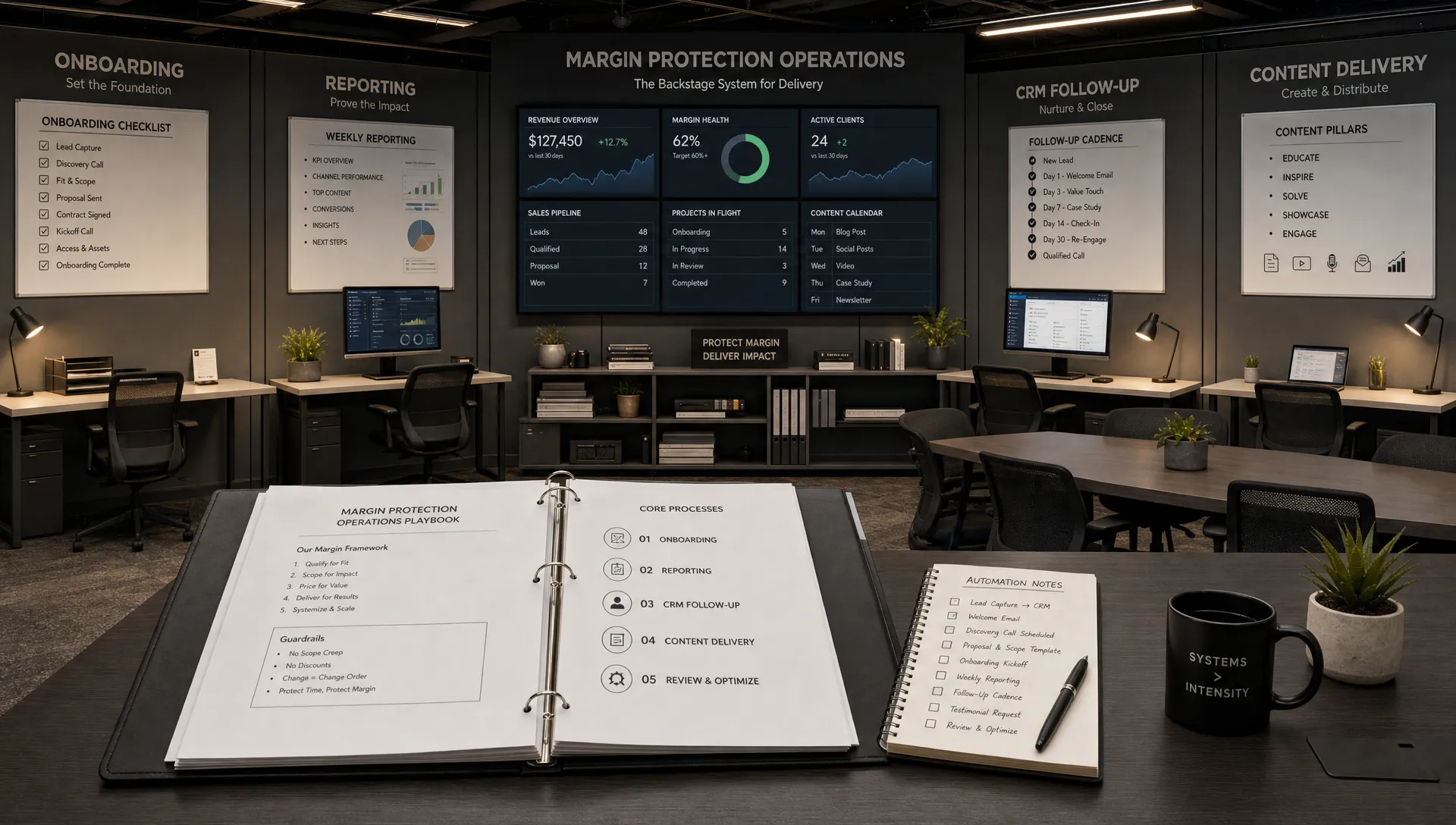 A modern agency operations room shows zones for onboarding, reporting, CRM follow-up, and content delivery.