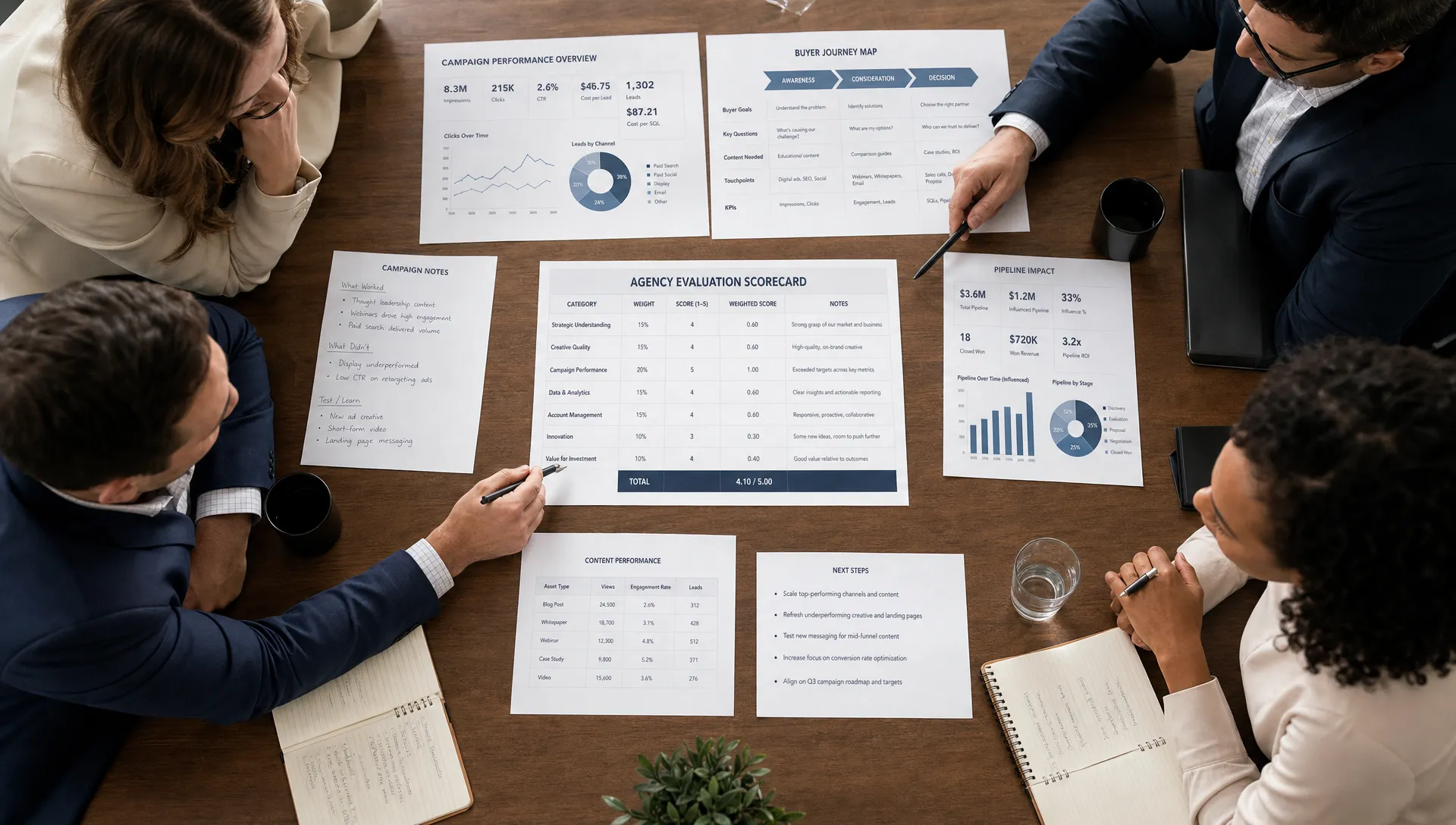 A B2B leadership team reviewing an agency evaluation scorecard on a conference table, with campaign notes, buyer journey maps, and pipeline metrics visible on printed documents, seen from an overhead angle with the pages spread around one central scorecard.
