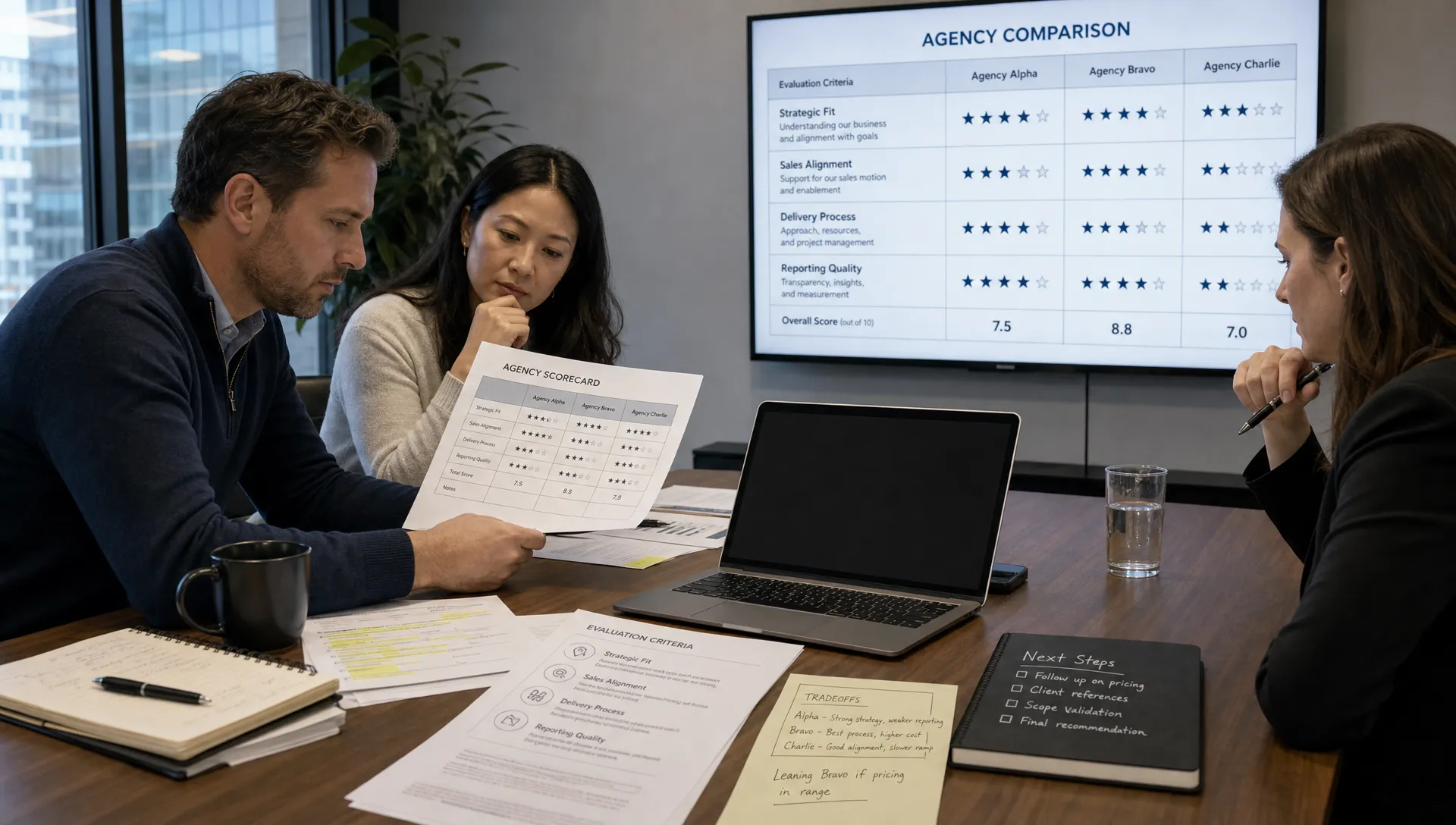 A wide scene in a B2B agency selection meeting inside a modern conference room, with three adults reviewing a printed agency scorecard, a laptop on the table with its screen facing the camera and nothing displayed on it, and a wall chart comparing strategic fit, sales alignment, delivery process, and reporting quality. The composition should feel like a careful vendor evaluation before a commitment is made, with scattered notes, a pen, and a few highlighted pages showing tradeoff decisions.