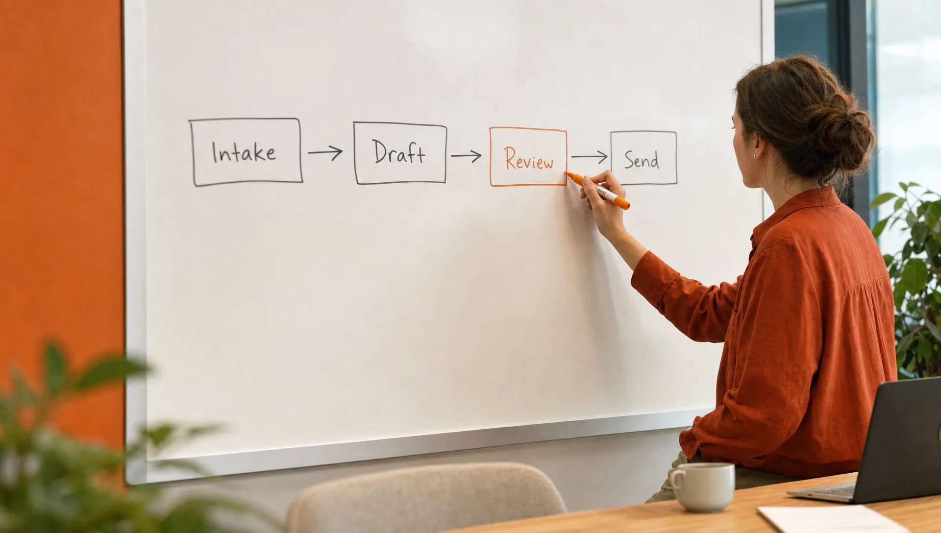 A simple workflow shows intake, draft, review and send as loose boxes, with a burnt orange marker on the review handoff.