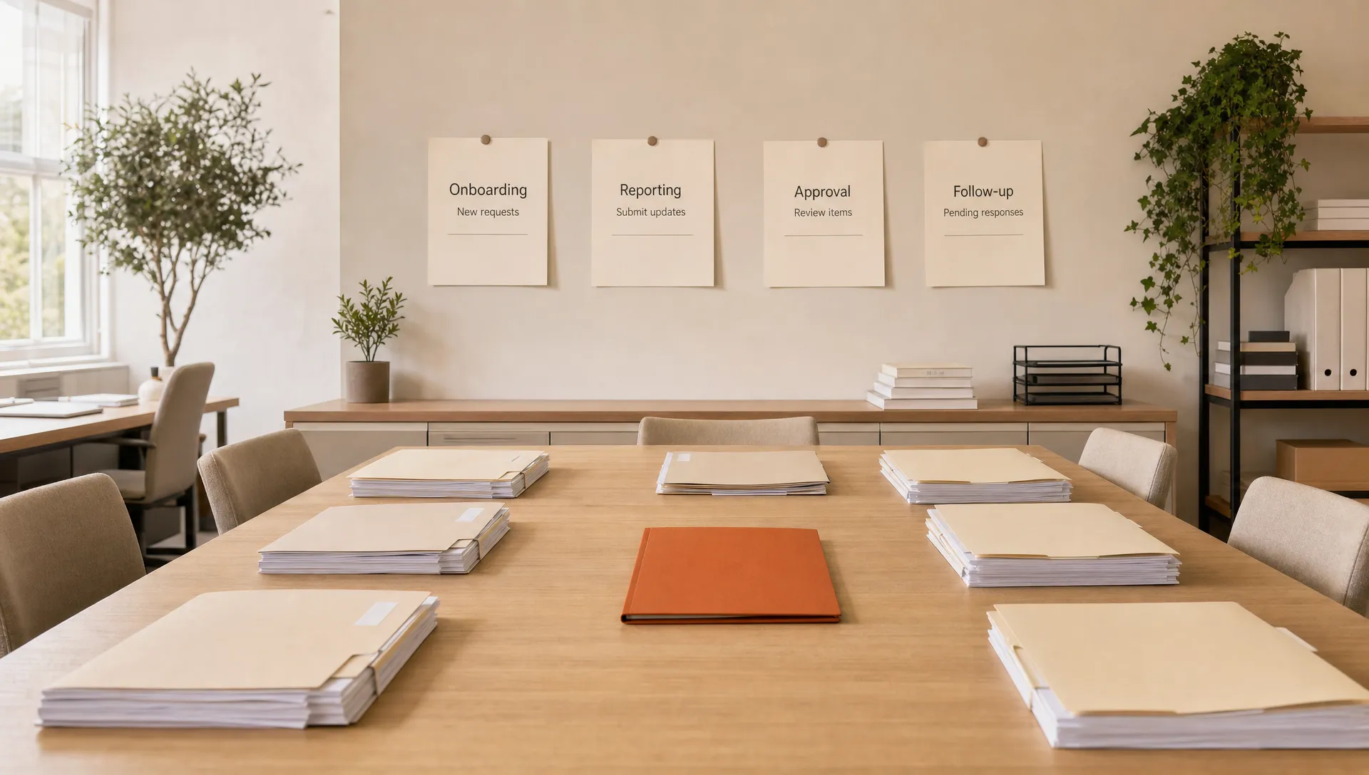 A calm agency operations room shows routed folders and paper stacks for onboarding, reporting, approval, and follow-up.