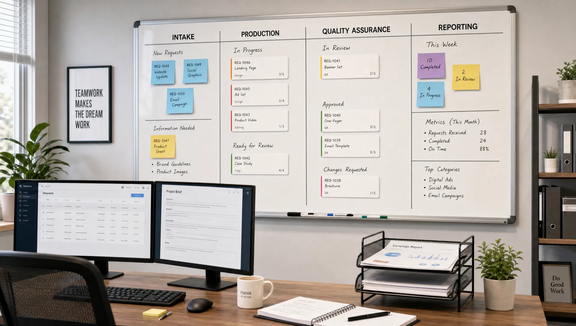 A clean agency operations workspace shows intake, production, quality assurance, and reporting lanes with sticky notes and status cards.