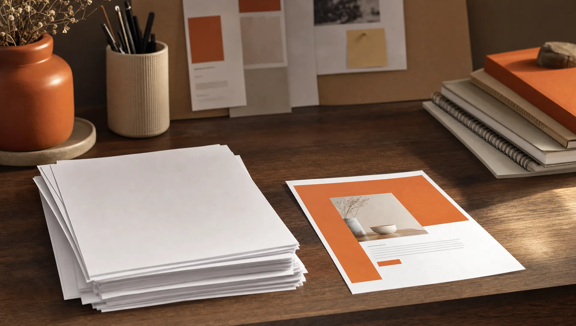 A small stack of blank draft sheets sits beside a single finished sample on a quiet studio table, showing the gap between producing work and getting it approved.