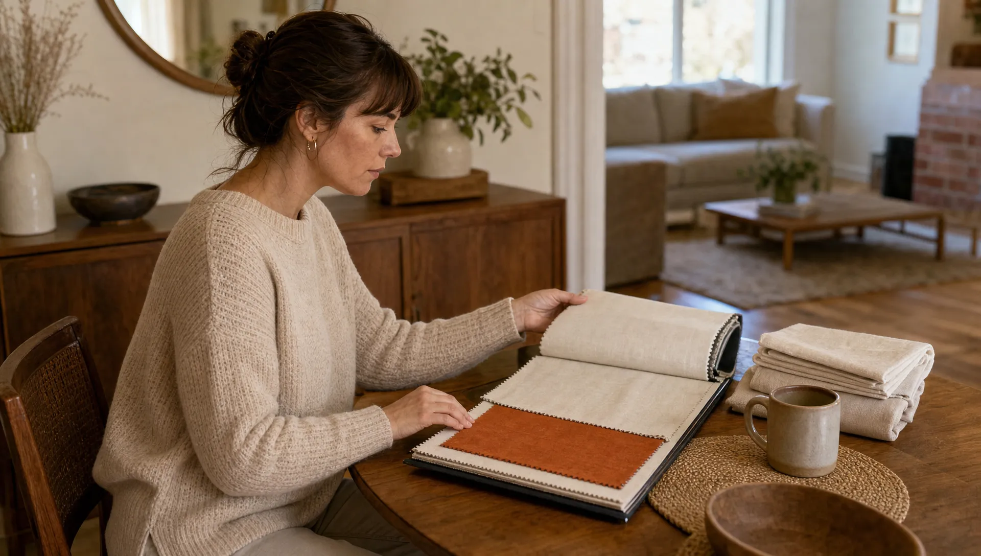 An agency owner reviews material samples at home, considering the human decisions that software cannot make for delivery.