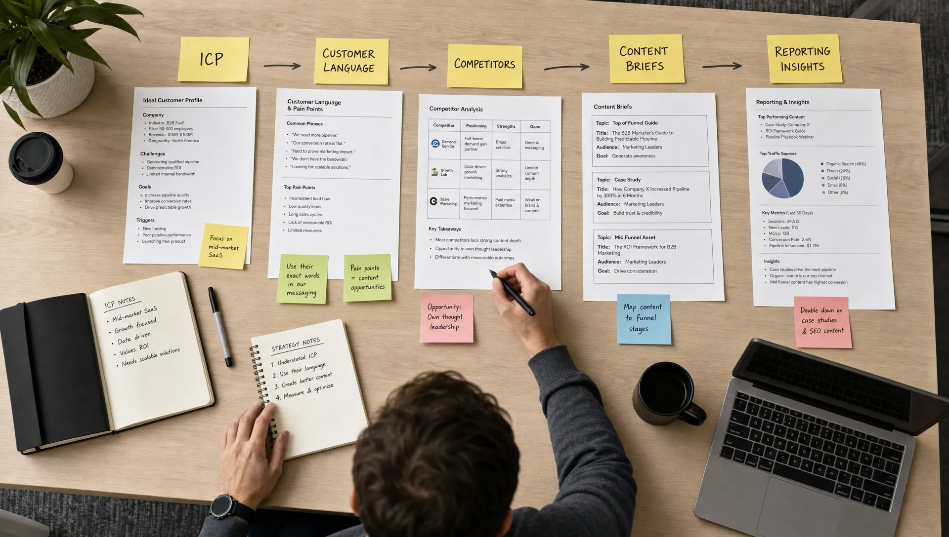 A B2B marketing agency workspace viewed from above with research documents, sticky notes labeled ICP, customer language, competitors, content briefs, and reporting insights arranged into a clear workflow on a large table.