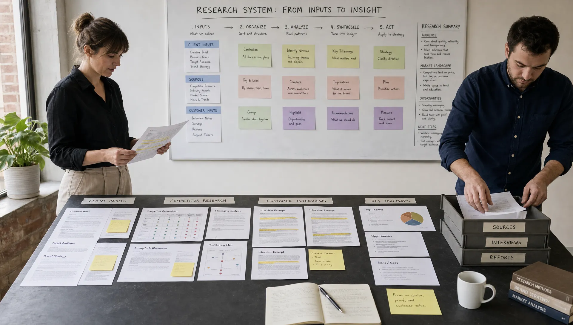 A wide scene in a research and strategy workspace with one large table covered in printed client notes, competitor comparison sheets, customer interview excerpts, and a neatly organized summary board on the wall. A strategist stands at one side reviewing a highlighted brief while another person sorts source documents into labeled trays, showing the movement from raw inputs to a usable research system. No screens are visible.