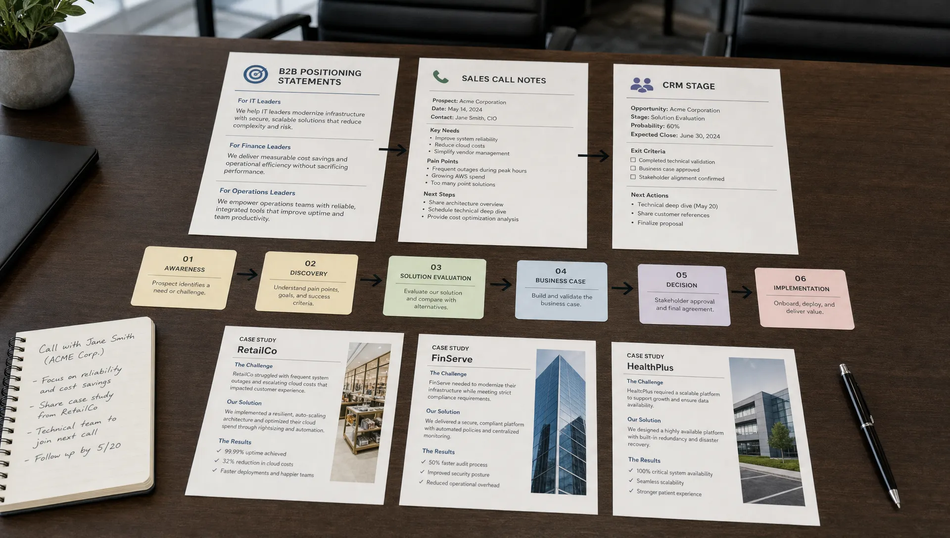 A conference room table with printed B2B positioning statements, sales call notes, CRM stage cards, and case study snippets arranged into a simple brand-to-sales workflow.