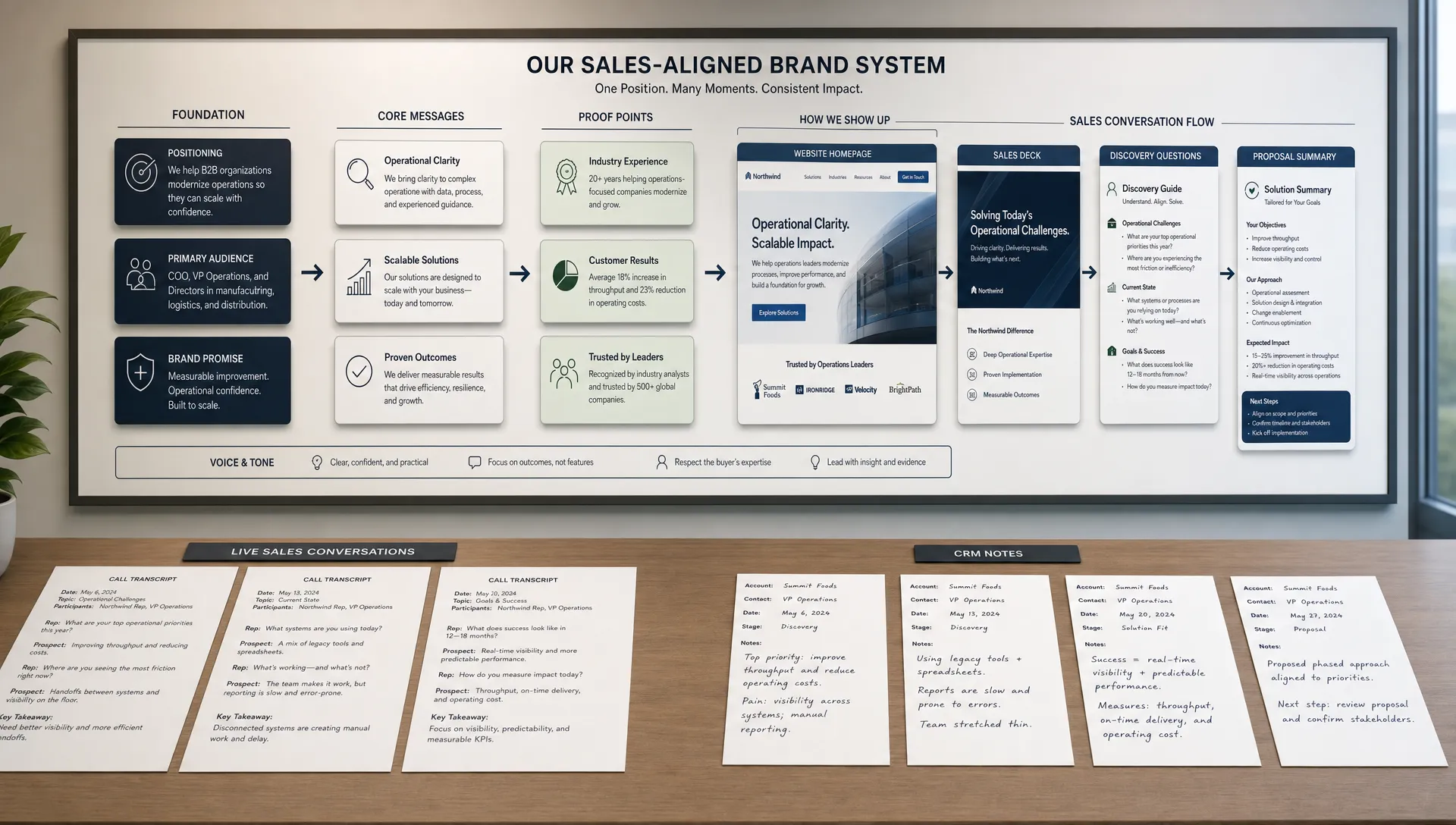 A conceptual scene of a sales-aligned B2B brand system shown as a set of connected message cards and proof cards on a large wall board, with a website homepage mockup, a sales deck page, a discovery question sheet, and a proposal summary linked by arrows. A few neatly arranged call transcript pages and CRM note cards sit on a long table below, emphasizing how positioning becomes usable in live sales conversations. No people are present; the focus is on the commercial language and handoff between marketing and sales in a modern workspace.