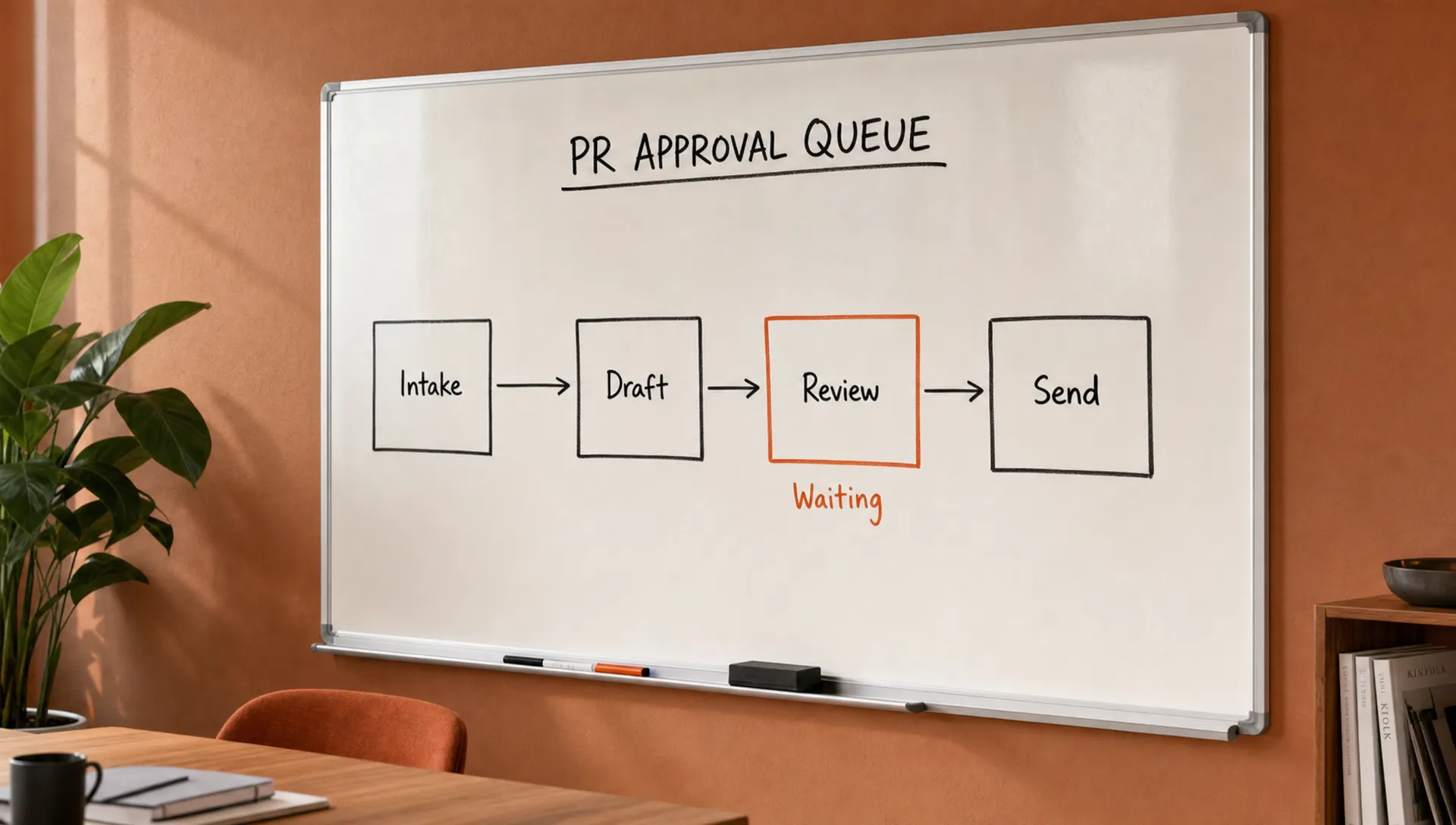 A simple approval queue for a PR agency team with intake, draft, review and send boxes, and one burnt orange marker at the waiting step.