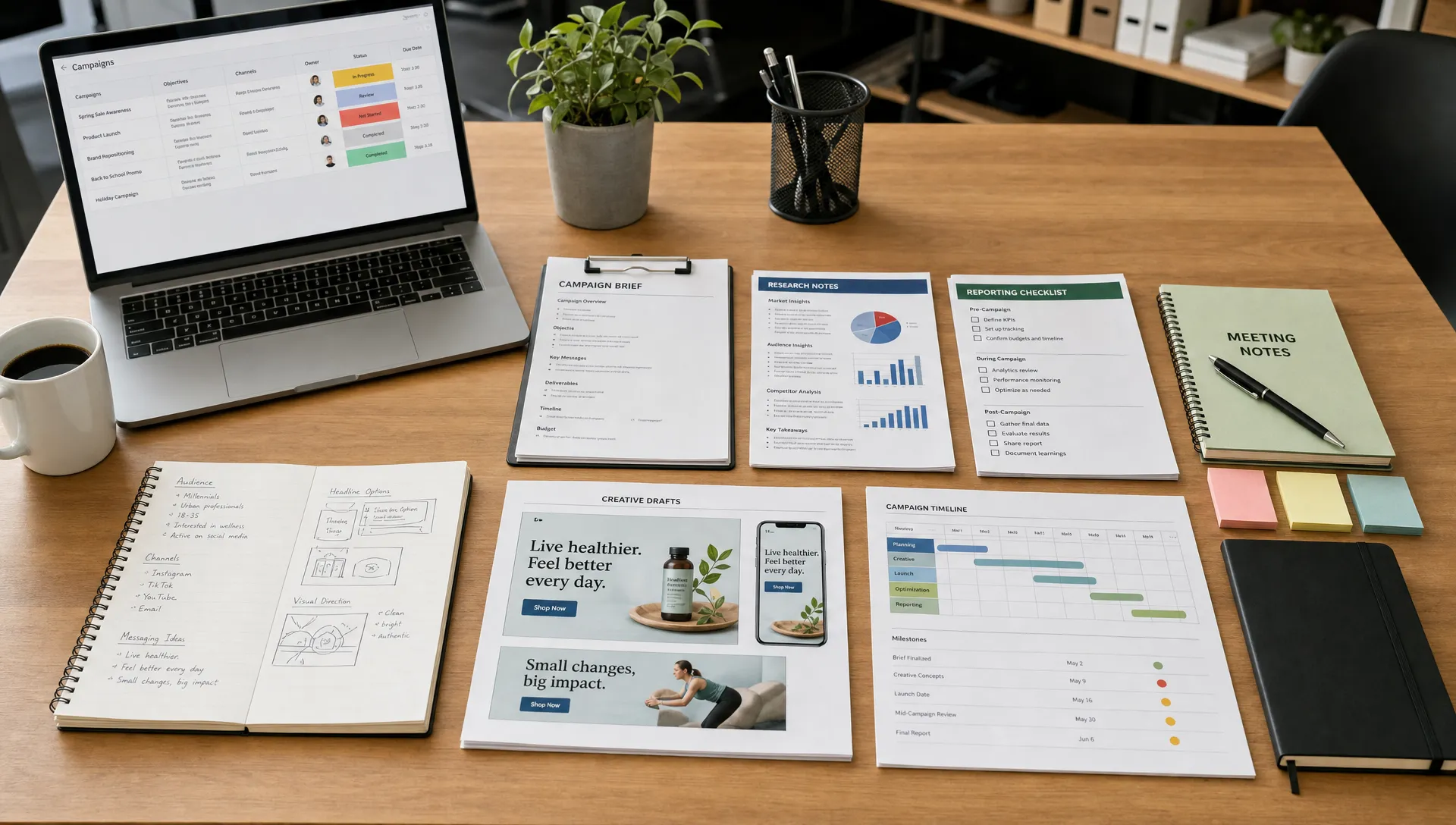 A marketing agency operations table with campaign briefs, research notes, reporting checklists and creative drafts arranged in an organized workflow.