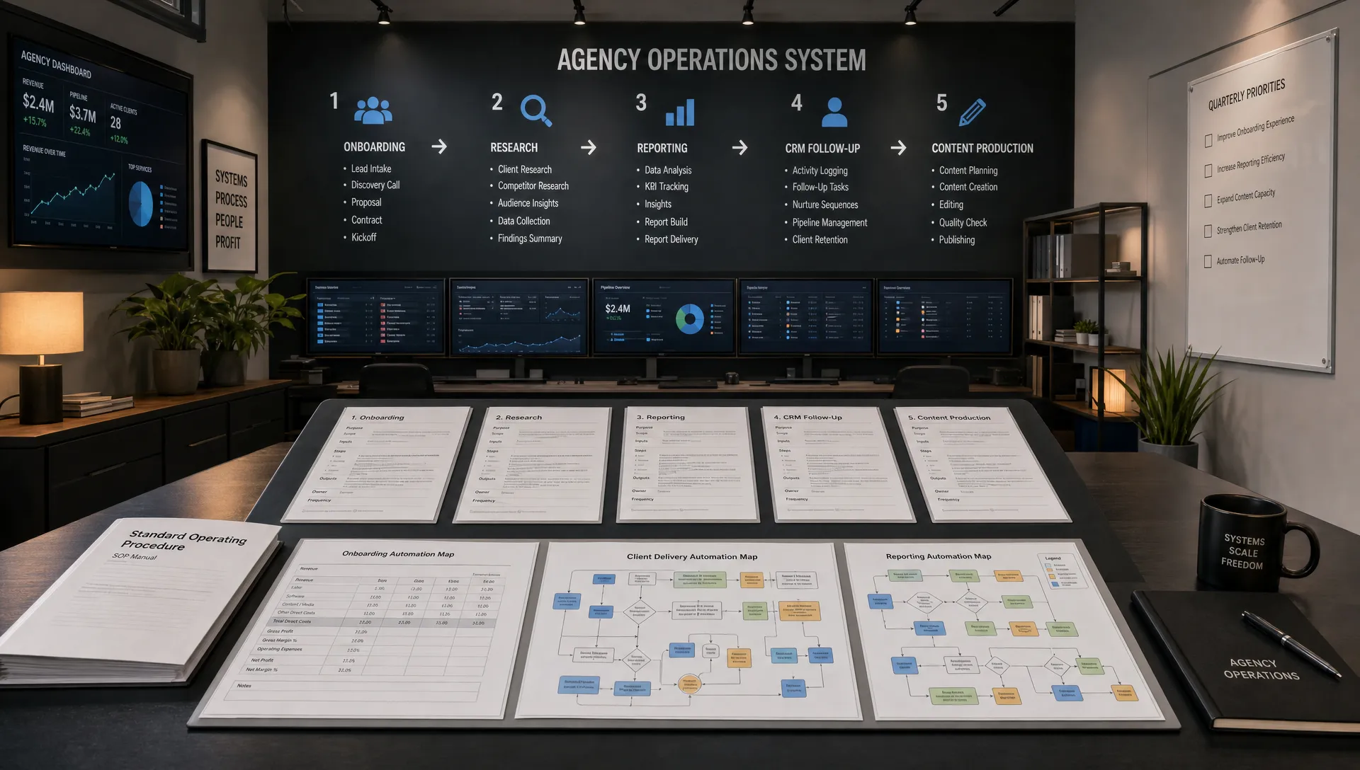 A modern agency operations room shows process steps, SOP pages, and a margin worksheet.