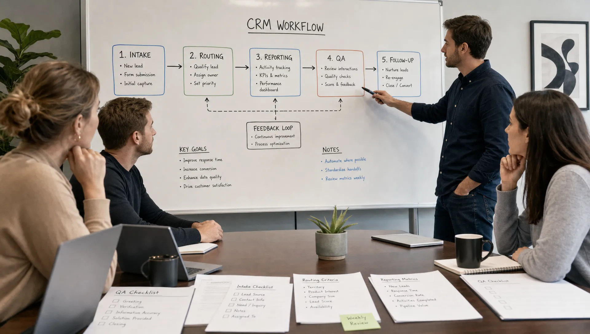 A B2B agency team reviewing a CRM workflow map on a whiteboard, with connected stages for intake, routing, reporting, QA, and follow-up, shown in a side-angle view with checklist pages and a few process notes on the table.