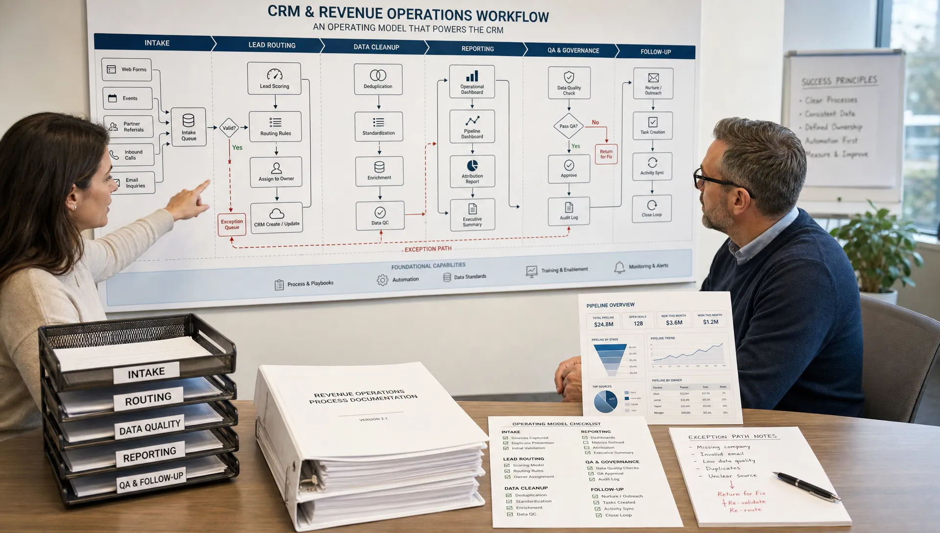 A wide scene in a CRM and revenue operations workshop, with a clear workflow map on a wall showing intake, lead routing, data cleanup, reporting, QA, and follow-up. In the foreground, a small stack of printed process docs, a labeled file tray, and annotated checklist pages sit on a table. One adult points to an exception path on the map while another reviews a dashboard printout, conveying how the operating model supports the CRM without relying on manual heroics.