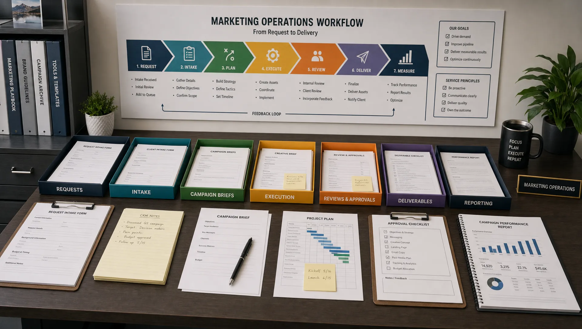 A B2B marketing operations workspace showing organized client intake forms, campaign briefs, CRM notes, reporting documents, and approval checklists arranged into a clear workflow from request to delivery, with a table full of labeled folders and a wall-mounted process map in the background.