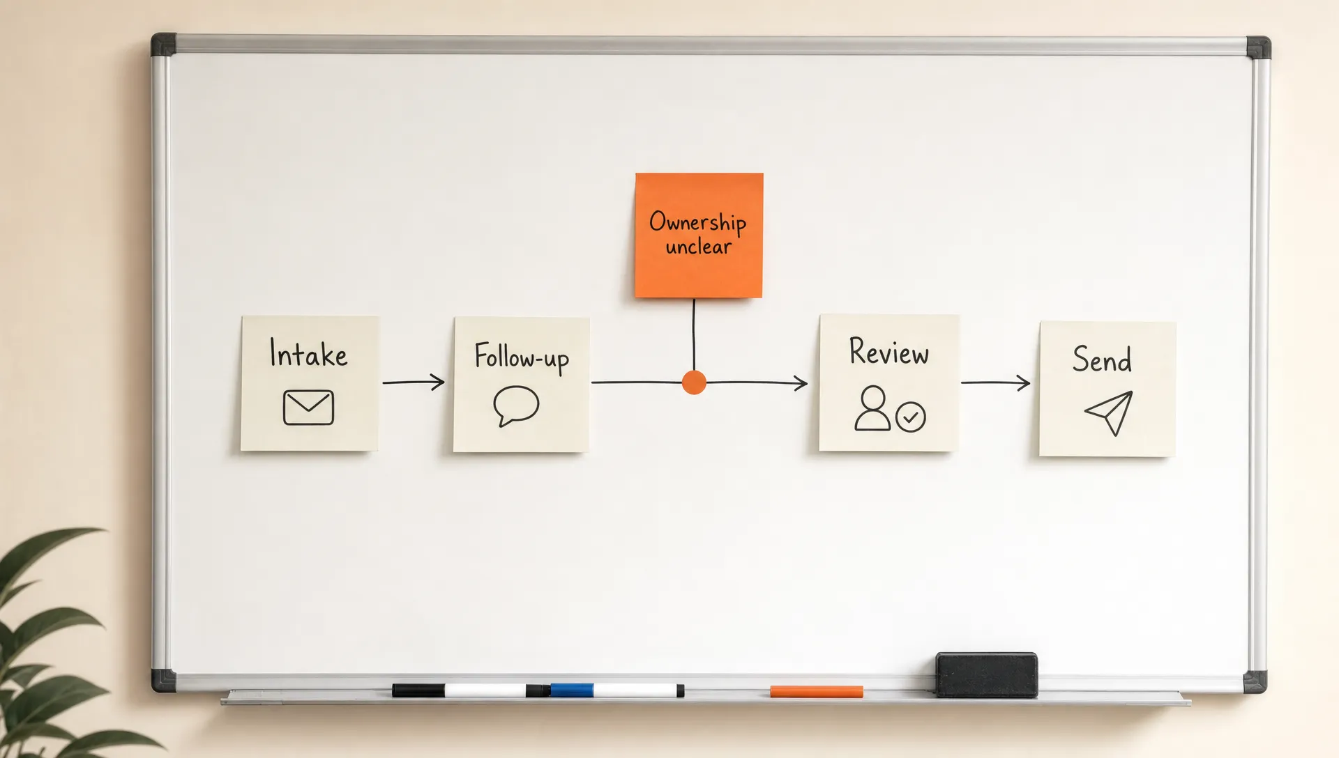 A simple workflow on an off-white background showing CRM records moving through intake, follow-up, review, and send, with one burnt orange marker where ownership is unclear.