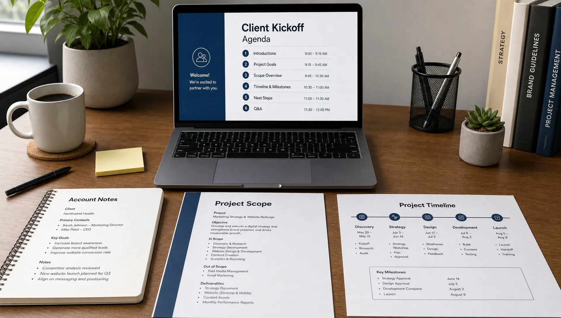 An organized agency onboarding workspace showing a client kickoff agenda, account notes, scope document, and project timeline arranged on a desk beside a laptop with the screen facing forward.