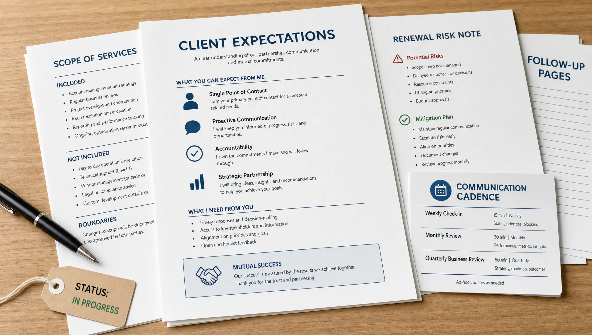 A close-up landscape scene of a single account ownership packet on a table, with a client expectations sheet on top of a scope document, a renewal risk note, a communication cadence card, and a small stack of follow-up pages. One corner of the frame includes a pen and a simple status tag, emphasizing clarity, boundaries, and what the account manager is actually responsible for. No people are present.