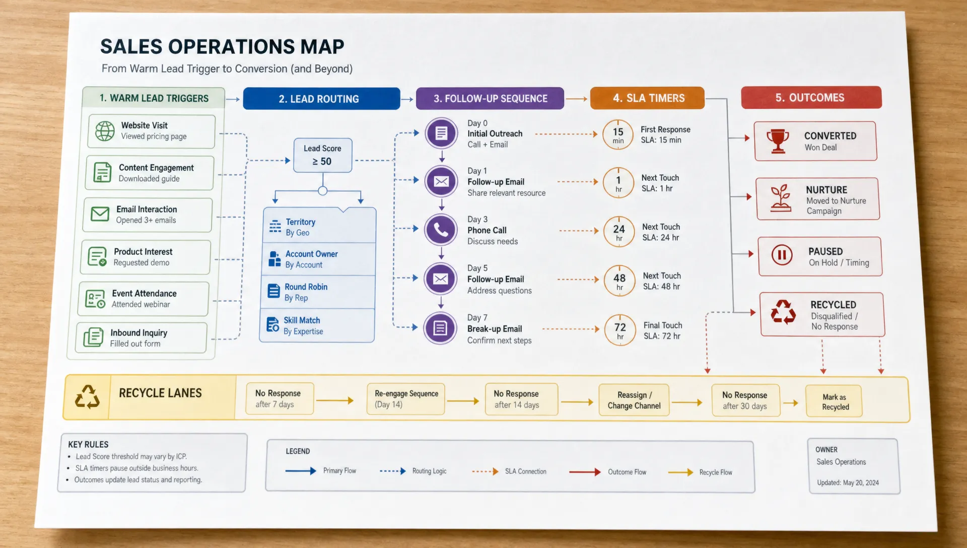 A printed sales operations map shows warm lead triggers, routing paths, follow-up steps, SLA timers, and recycle lanes.