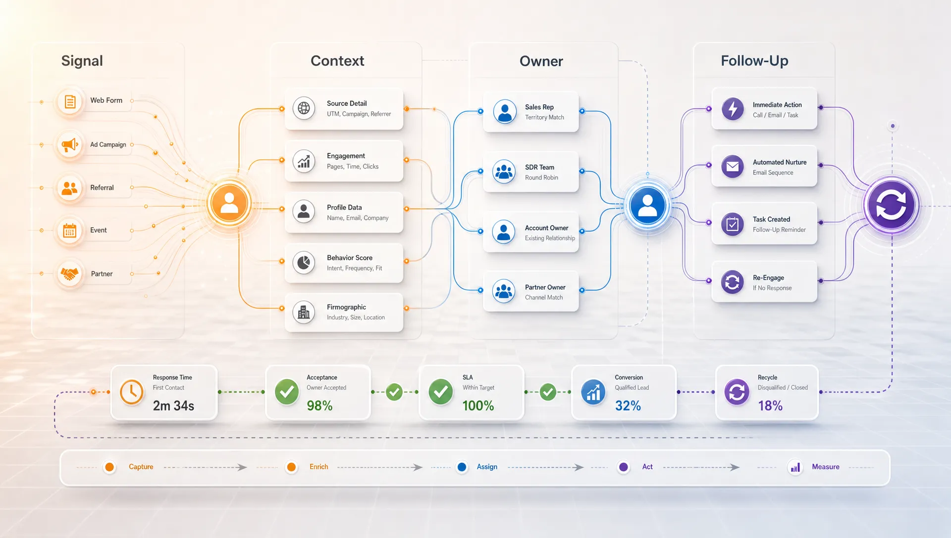 Linked nodes and timer markers map warm lead movement from signal to context to follow-up.
