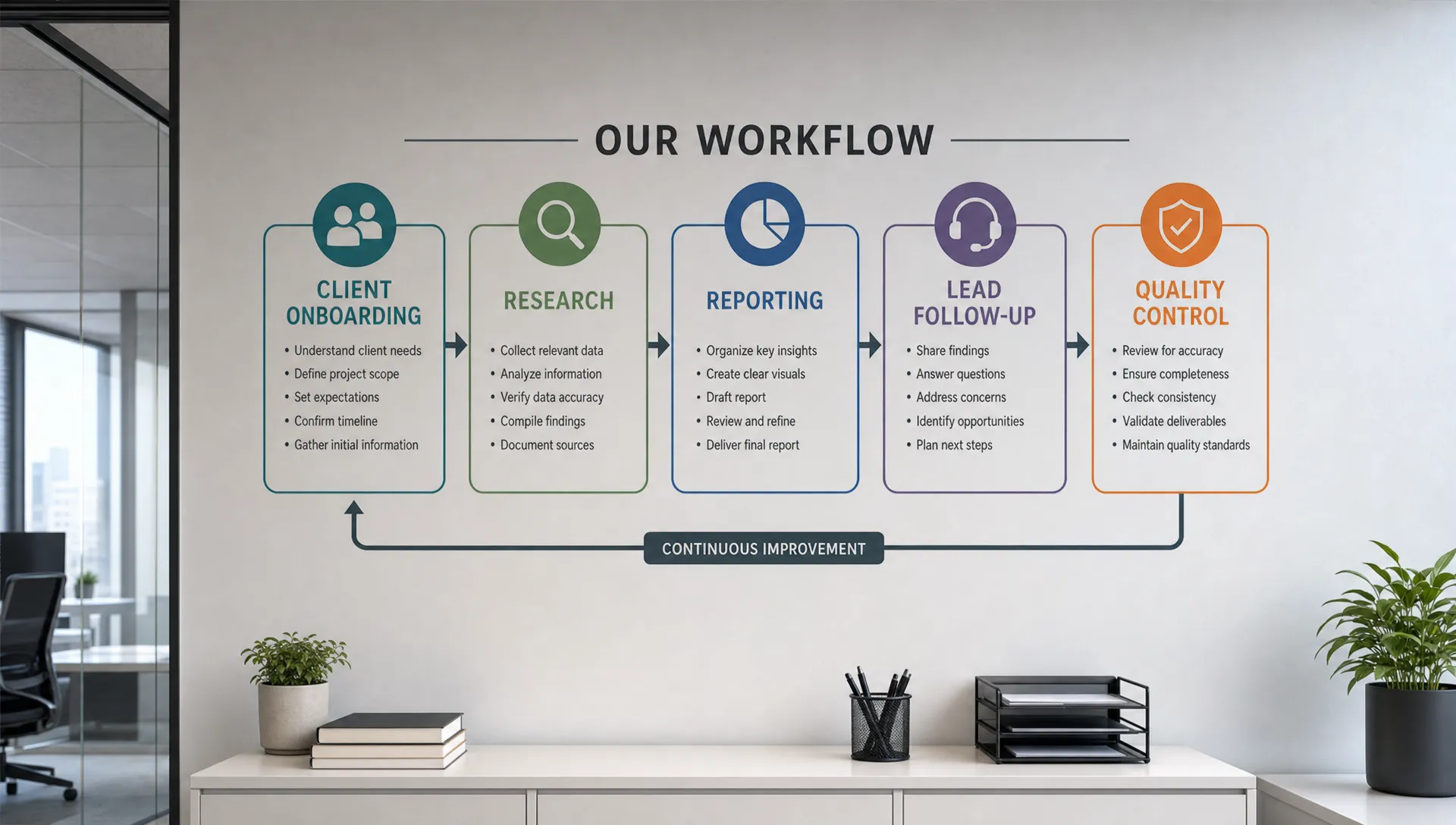 A wall workflow map shows client onboarding, research, reporting, lead follow-up, and quality control linked by arrows.