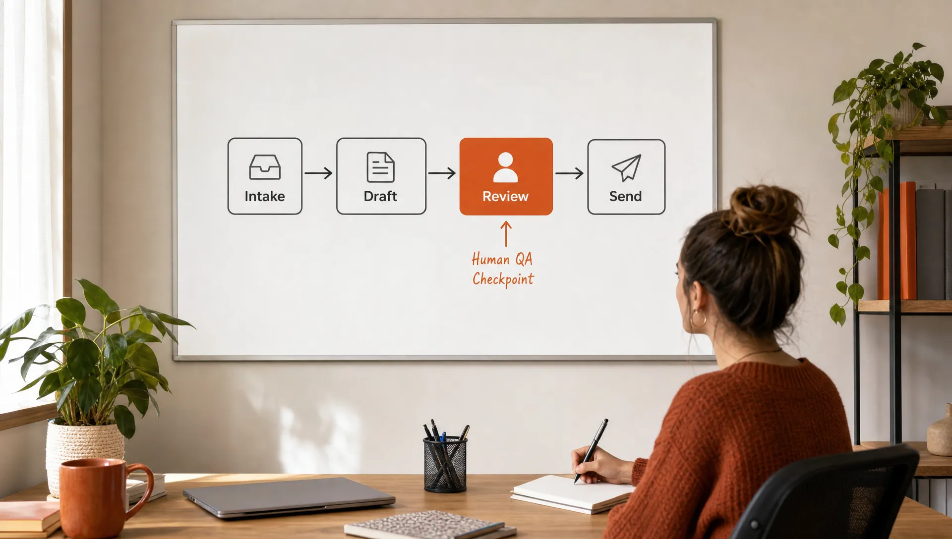 A simple workflow shows intake, draft, review, and send boxes connected by arrows, with review marked in burnt orange as the human QA checkpoint.