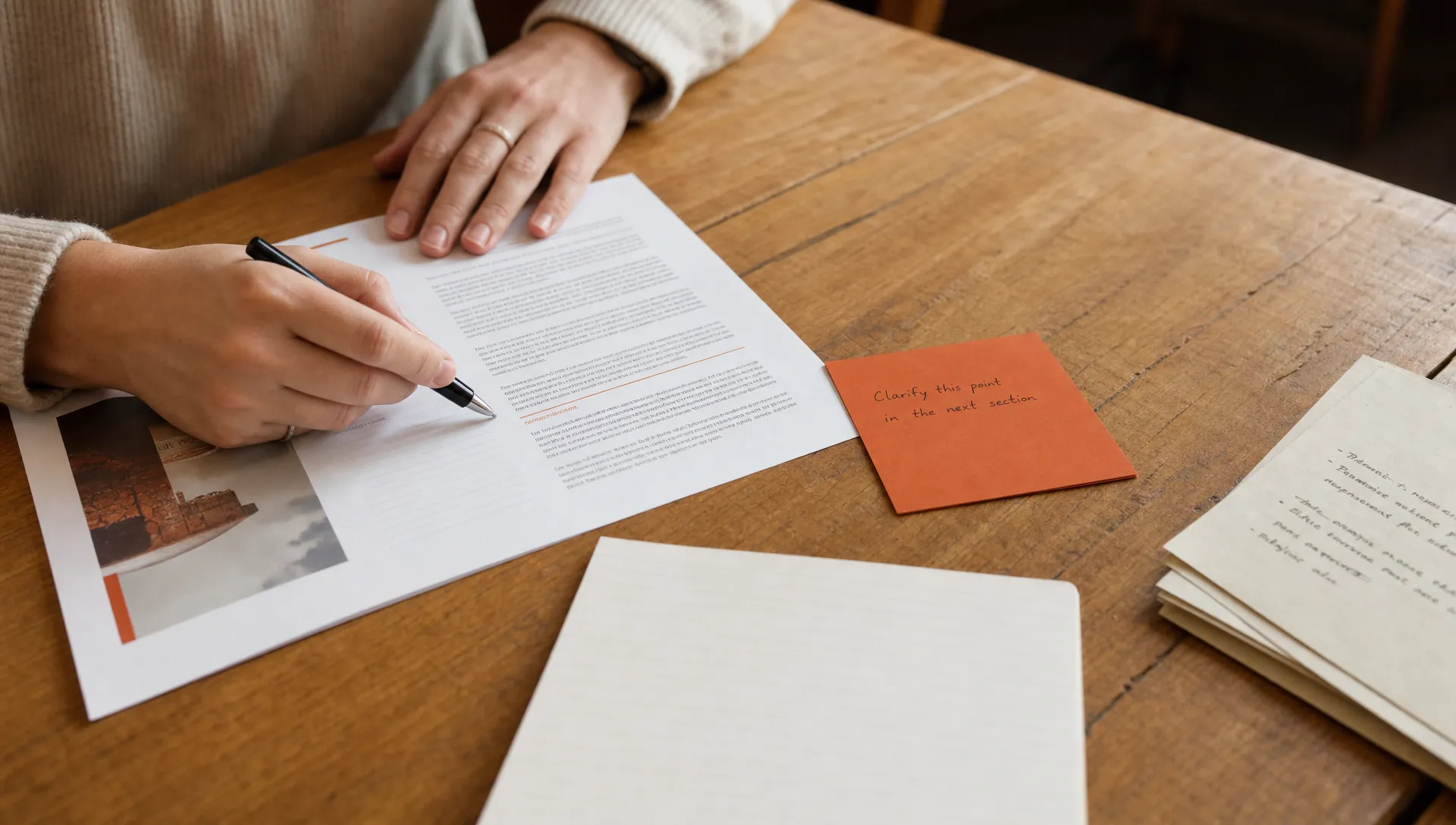 A report page, source notes, and a burnt orange review card sit on a quiet agency table for human QA.