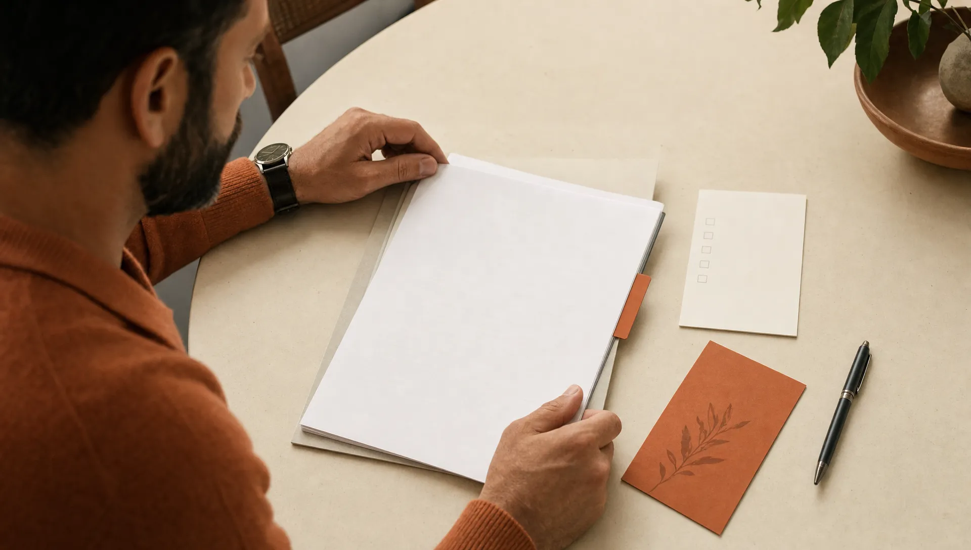 A founder reviews a proposal packet with a checklist, recovery note, and marked page for a SaaS development company.