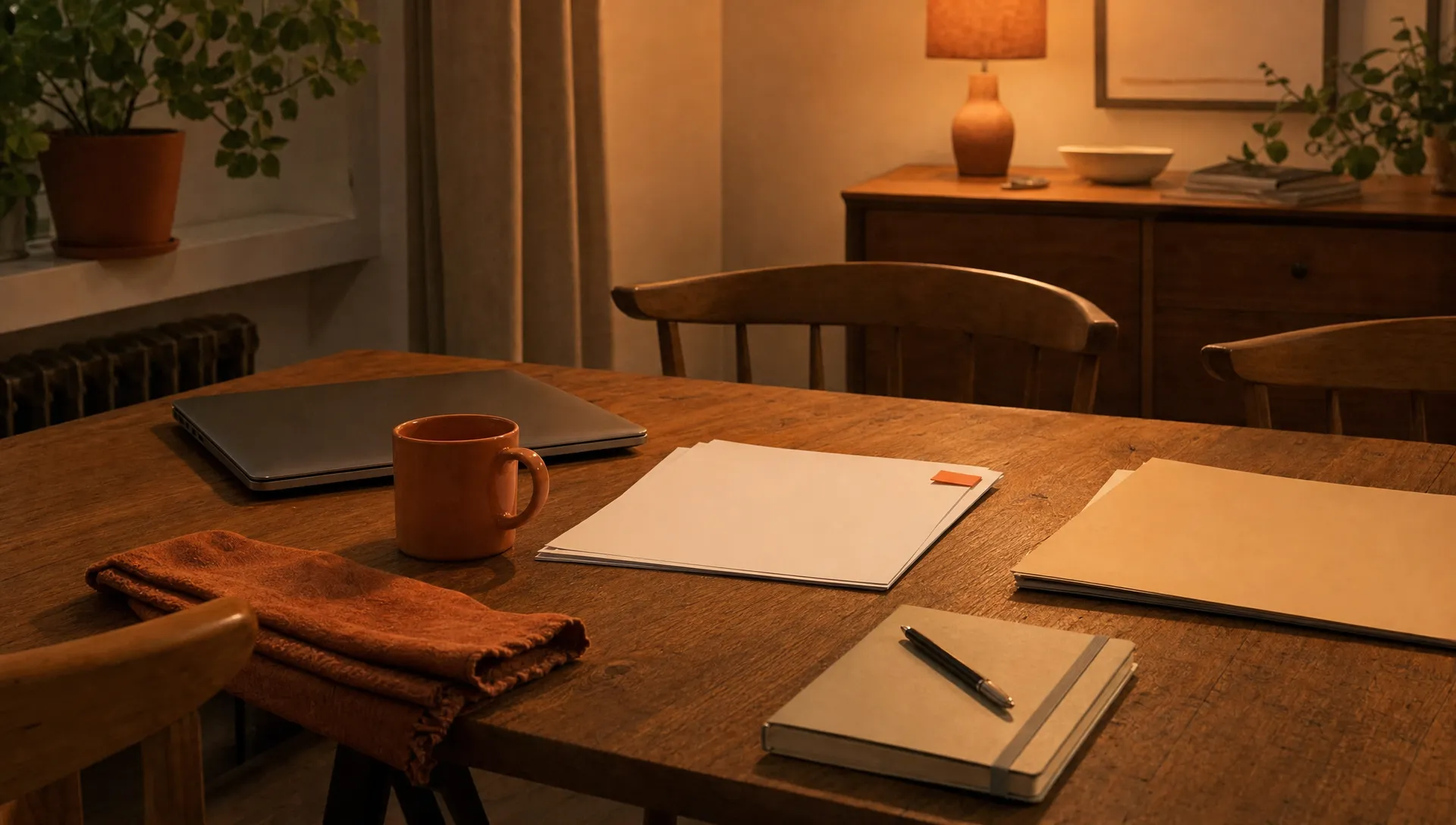 A founder's dining table with pages, a notebook, and a folder for SaaS planning after hours.