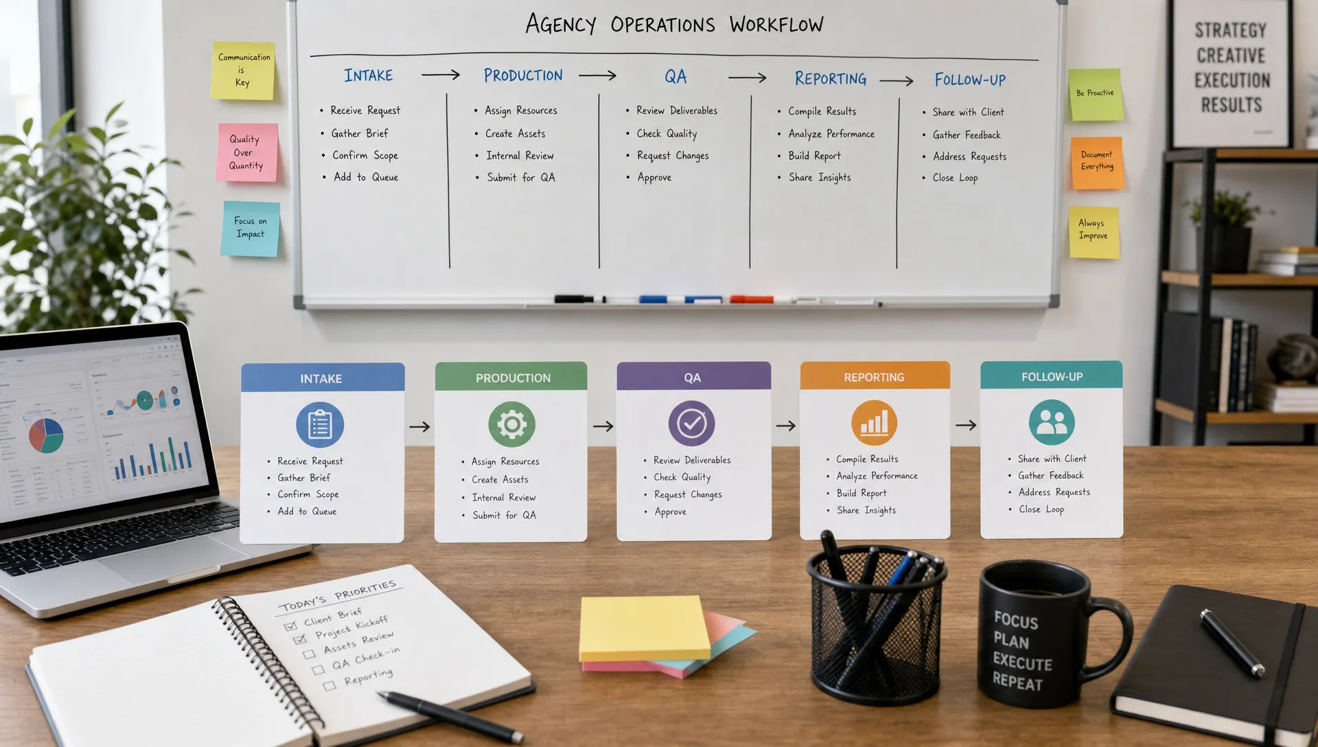A clean agency operations workspace with connected workflow cards for intake, production, QA, reporting, and follow-up spread across a table in front of a process board.