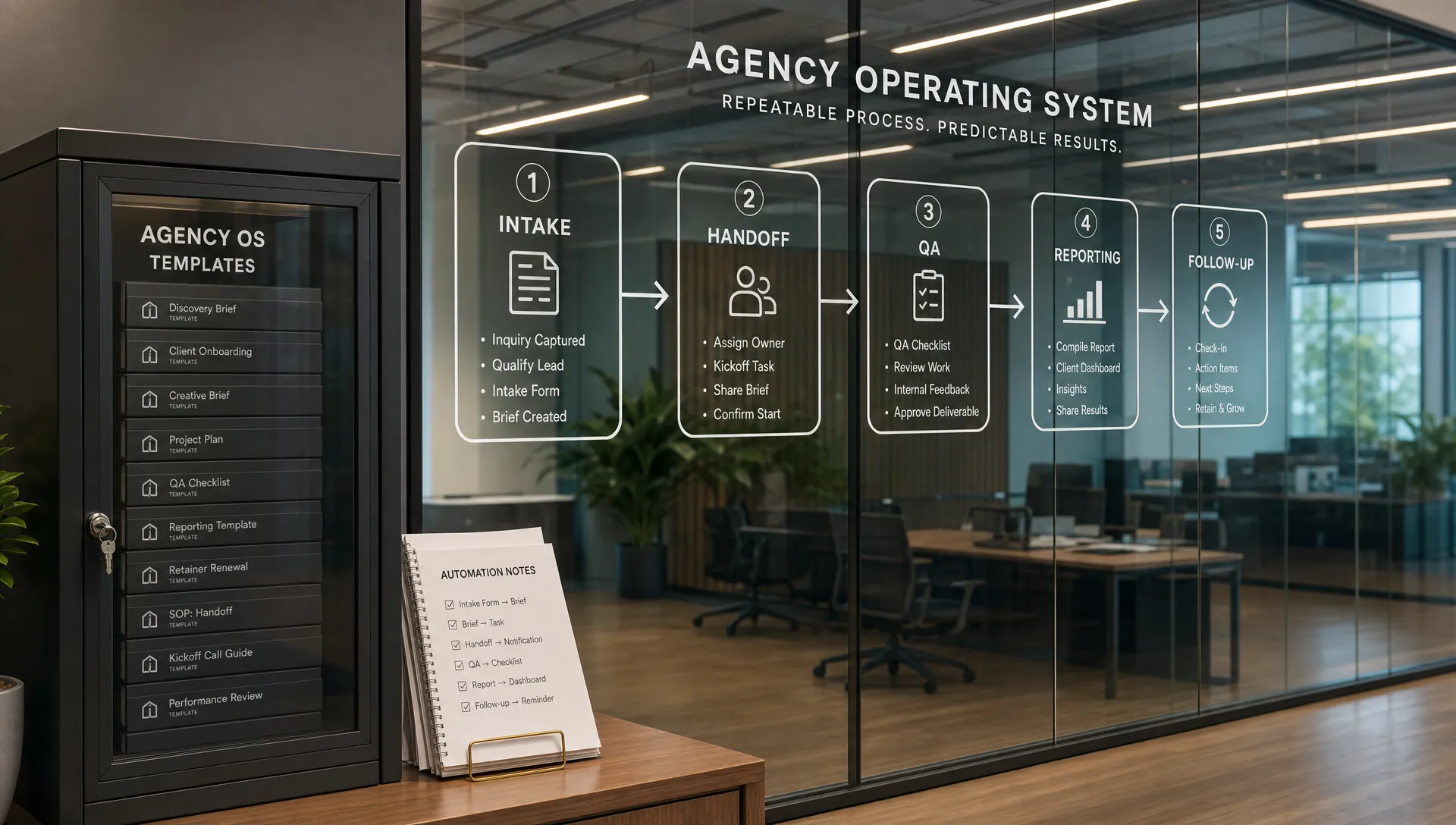 A conceptual scene of an agency operating system represented as a transparent sequence of connected stages across a long glass wall, with intake, handoff, QA, reporting, and follow-up shown as clear linked zones. In the foreground, a single locked cabinet of reusable templates and a small stack of automation notes sit beside the wall, emphasizing repeatable delivery and margin protection in a modern workspace with no people present.