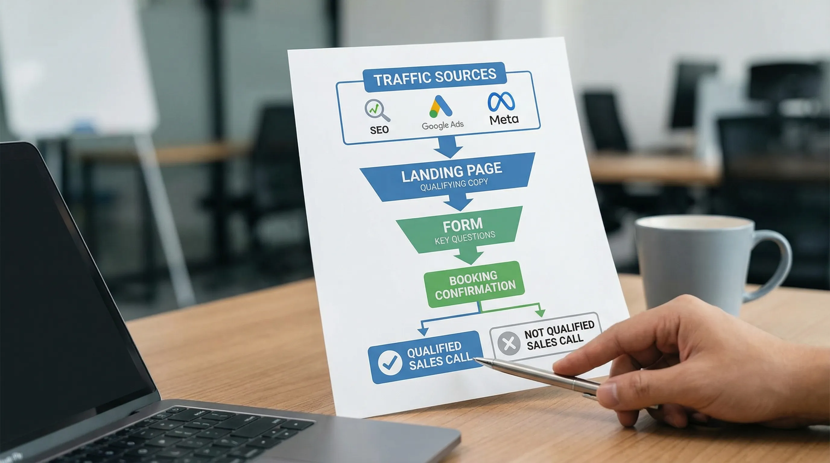 A simplified lead qualification funnel diagram showing stages: traffic sources (SEO, Google Ads, Meta), landing page with qualifying copy, form with key questions, booking confirmation, and sales call outcomes marked as qualified or not qualified.