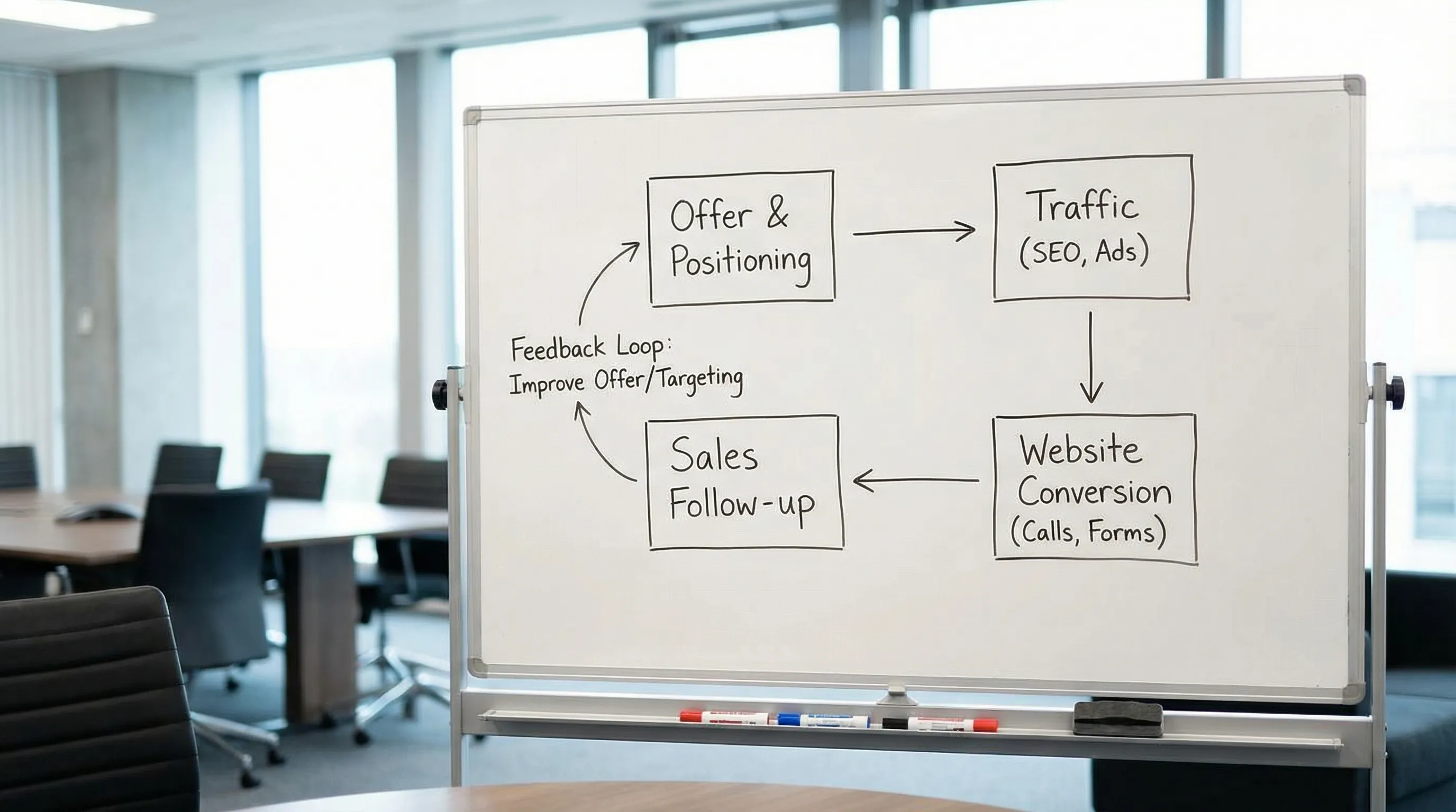 A simple 4-step diagram showing an acquisition marketing loop: Offer and positioning leads to Traffic (SEO and ads), then to Website conversion (calls/forms), then to Sales follow-up, with a feedback arrow back to improve the offer and targeting.
