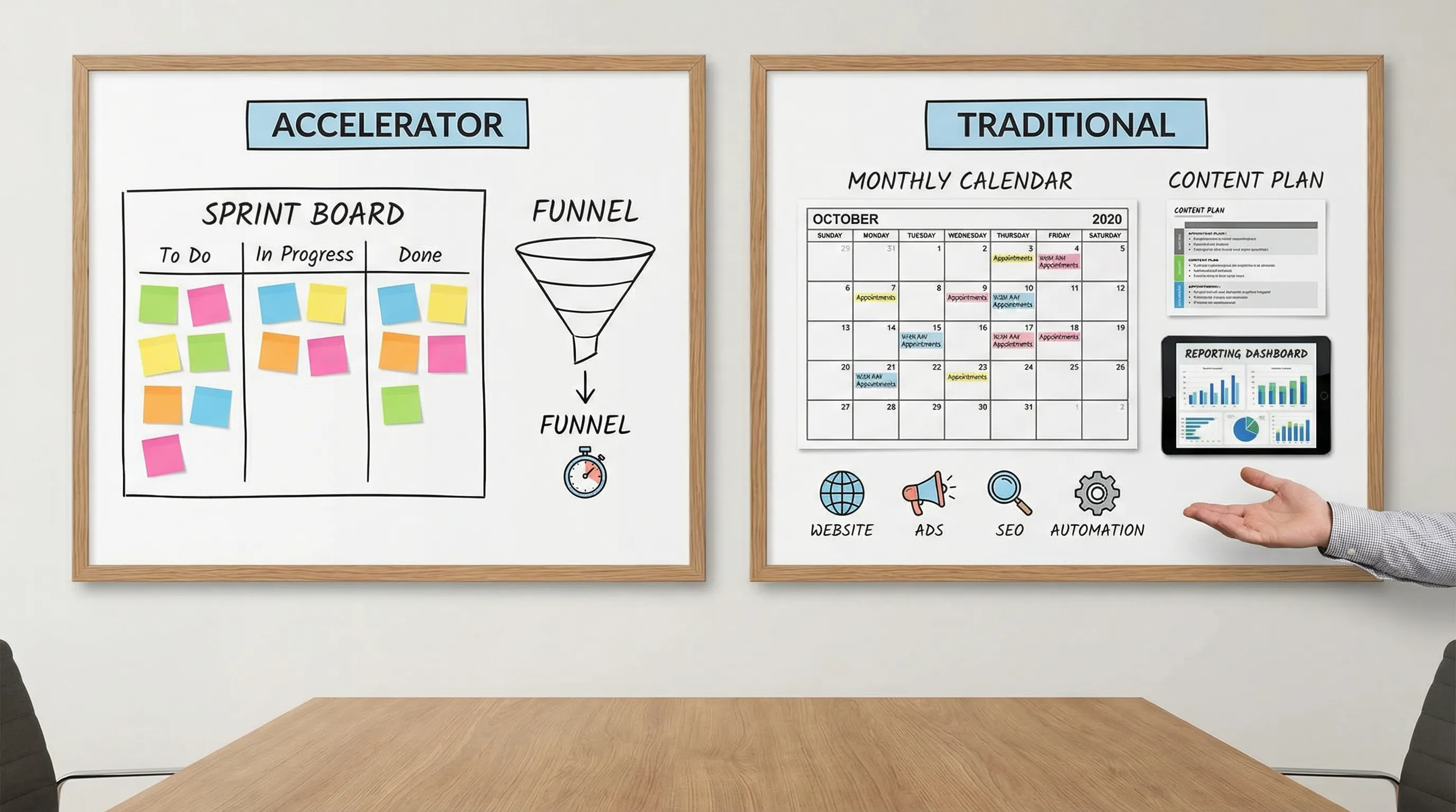 A side-by-side comparison scene showing two paths for a local business: on the left, a sprint board and simple funnel sketch labeled “Accelerator,” and on the right, a monthly calendar, content plan, and reporting dashboard labeled “Traditional,” with icons for website, ads, SEO, and automation.