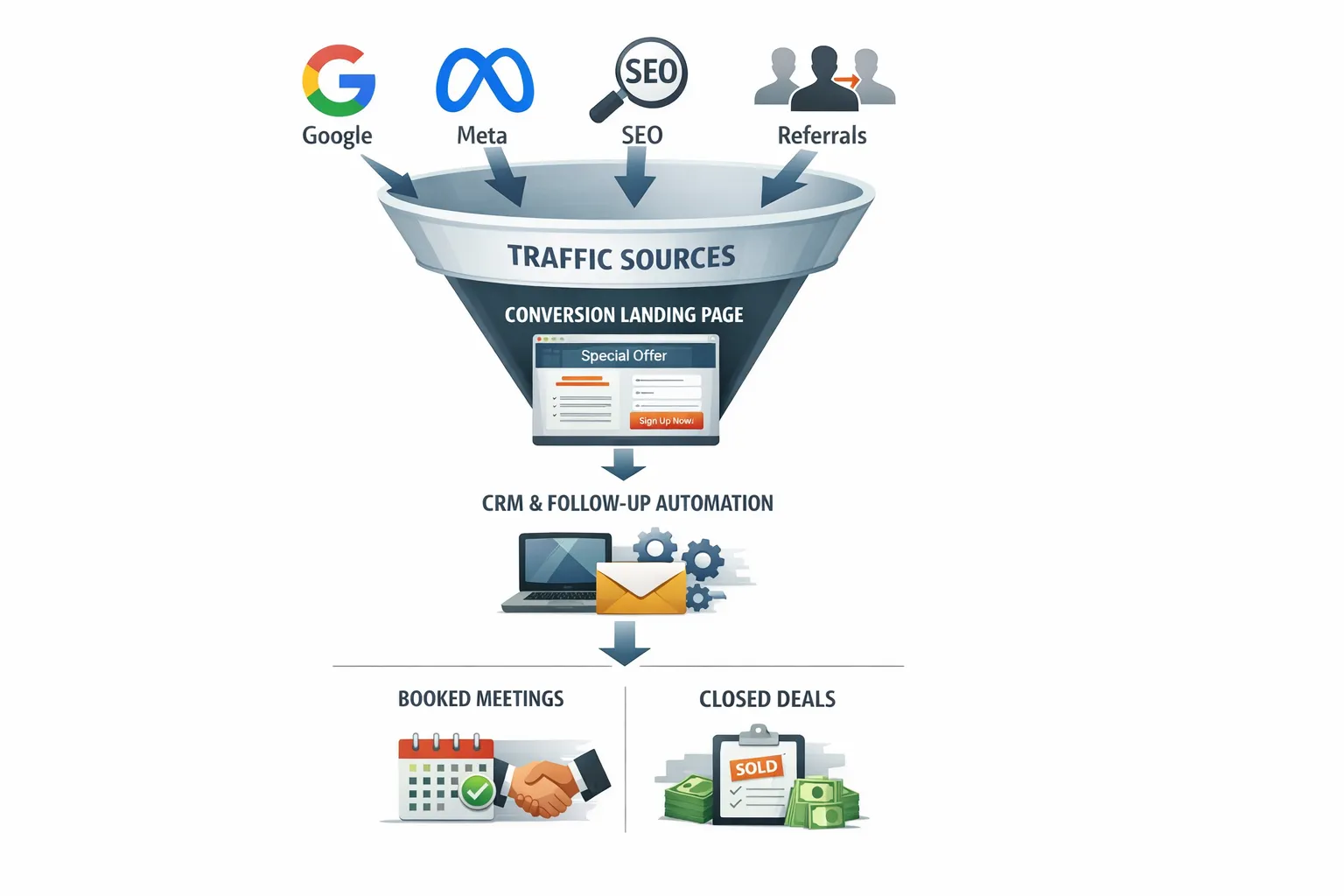 A simple funnel illustration showing traffic sources (Google, Meta, SEO, referrals) leading into a conversion-focused landing page, then into CRM follow-up automation, and finally booked meetings and closed deals.