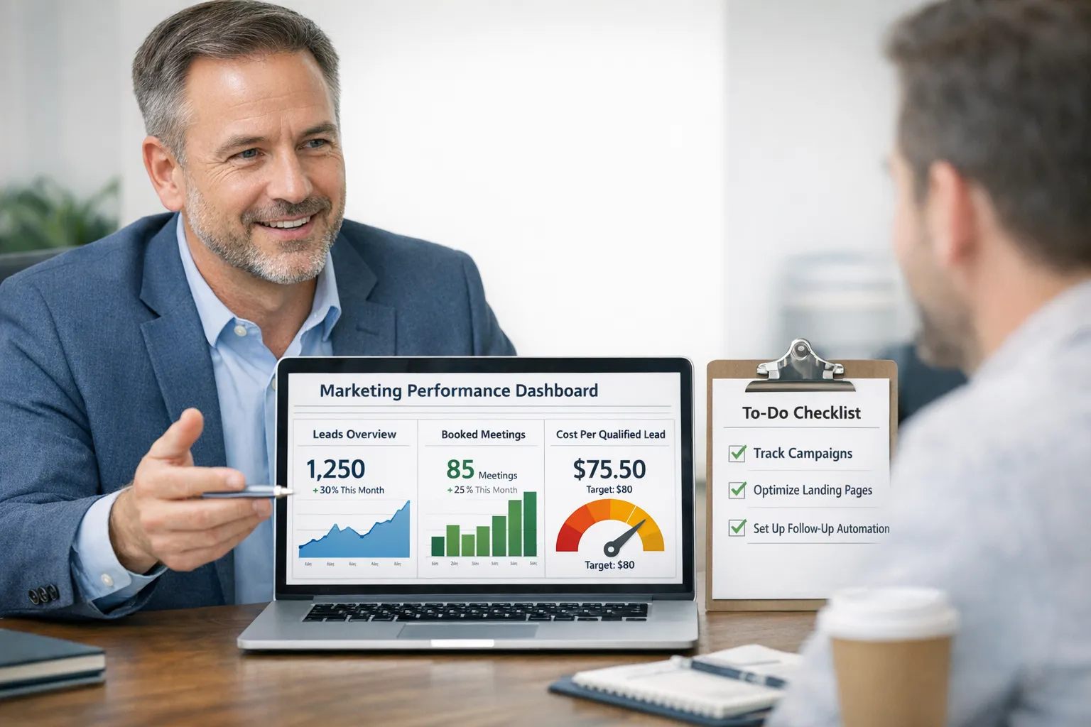 A consultant reviewing a marketing performance dashboard with charts for leads, booked meetings, and cost per qualified lead, alongside a simple checklist for tracking, landing pages, and follow-up automation.