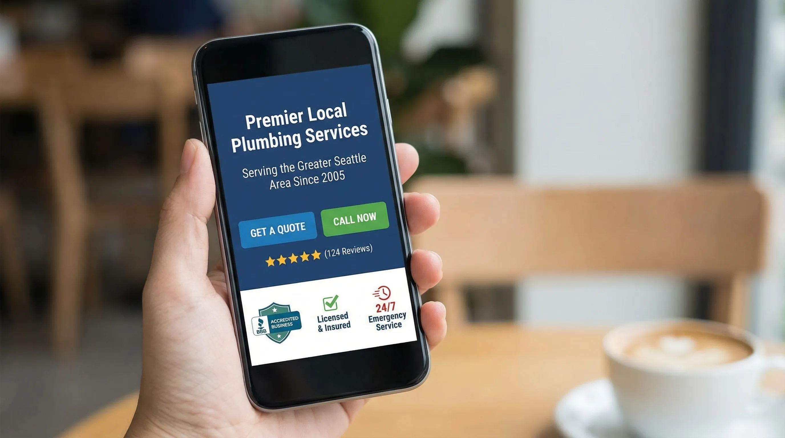 A mobile-first local business homepage mockup showing a clear headline, a subheadline with service area, a prominent “Get a Quote” button and “Call Now” button, review stars, and three trust badges.