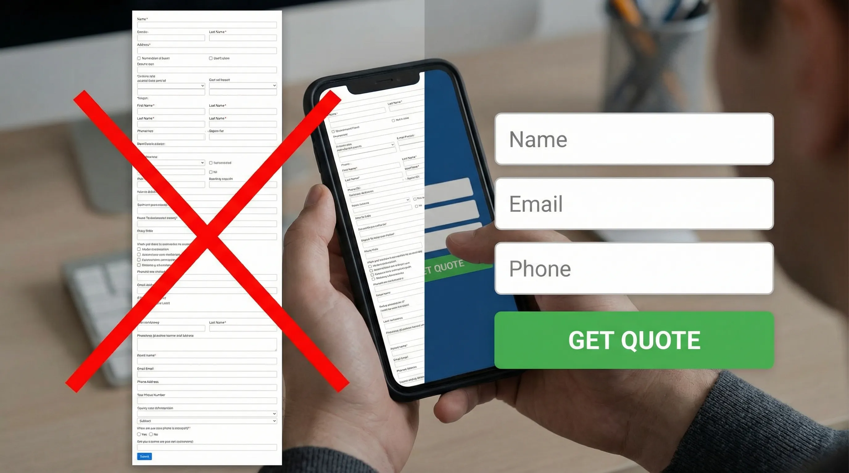 A simplified mobile quote form comparison showing a long multi-field form crossed out next to a short 3-field form with clear labels and a prominent submit button.