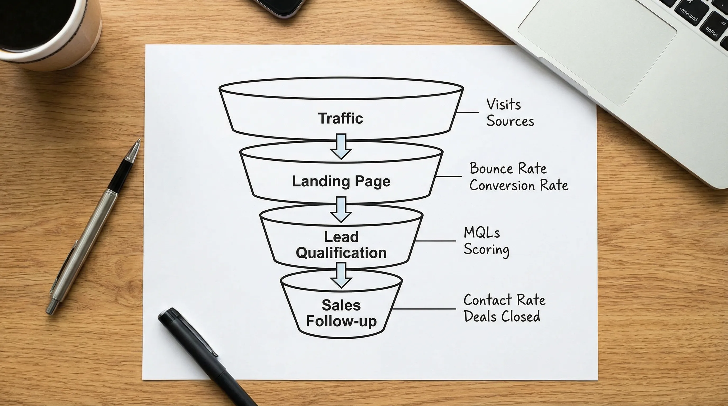 A simple marketing funnel diagram showing four stages: Traffic, Landing Page, Lead Qualification, Sales Follow-up, with “guardrail metrics” labels next to each stage.