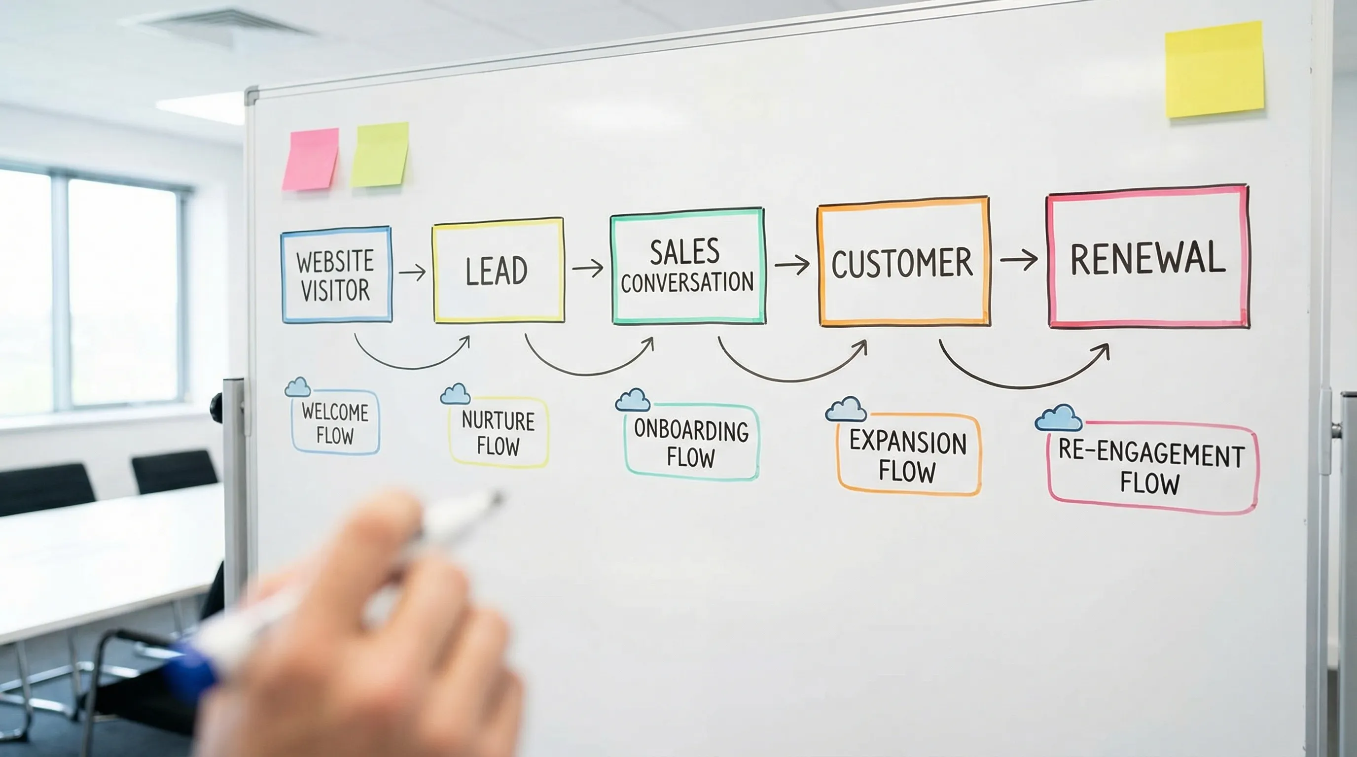 Simple lifecycle diagram showing B2B lead stages from website visitor to lead, to sales conversation, to customer, to renewal. Each stage is connected to an automated email flow: welcome, nurture, onboarding, expansion, re-engagement.