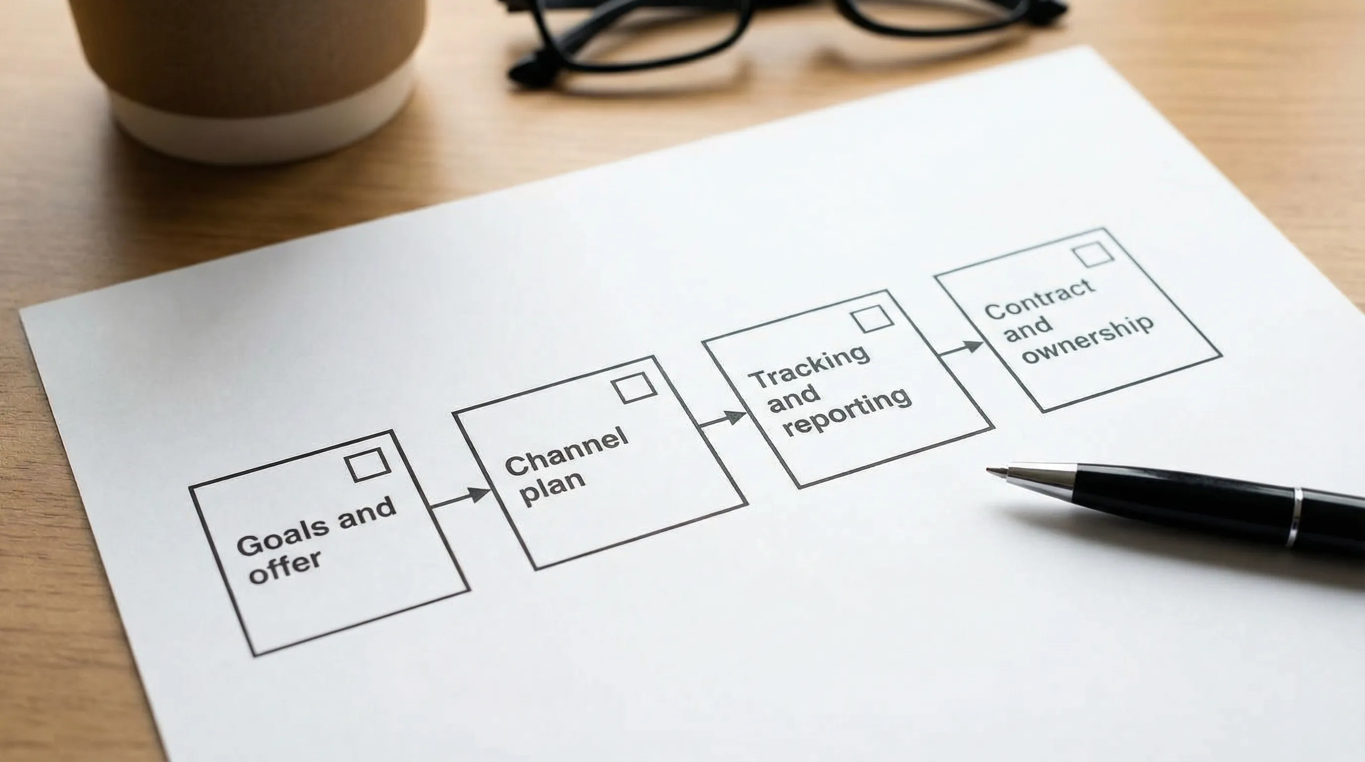 A simple checklist-style diagram showing an agency vetting process with four boxes in sequence: Goals and offer, Channel plan, Tracking and reporting, Contract and ownership.