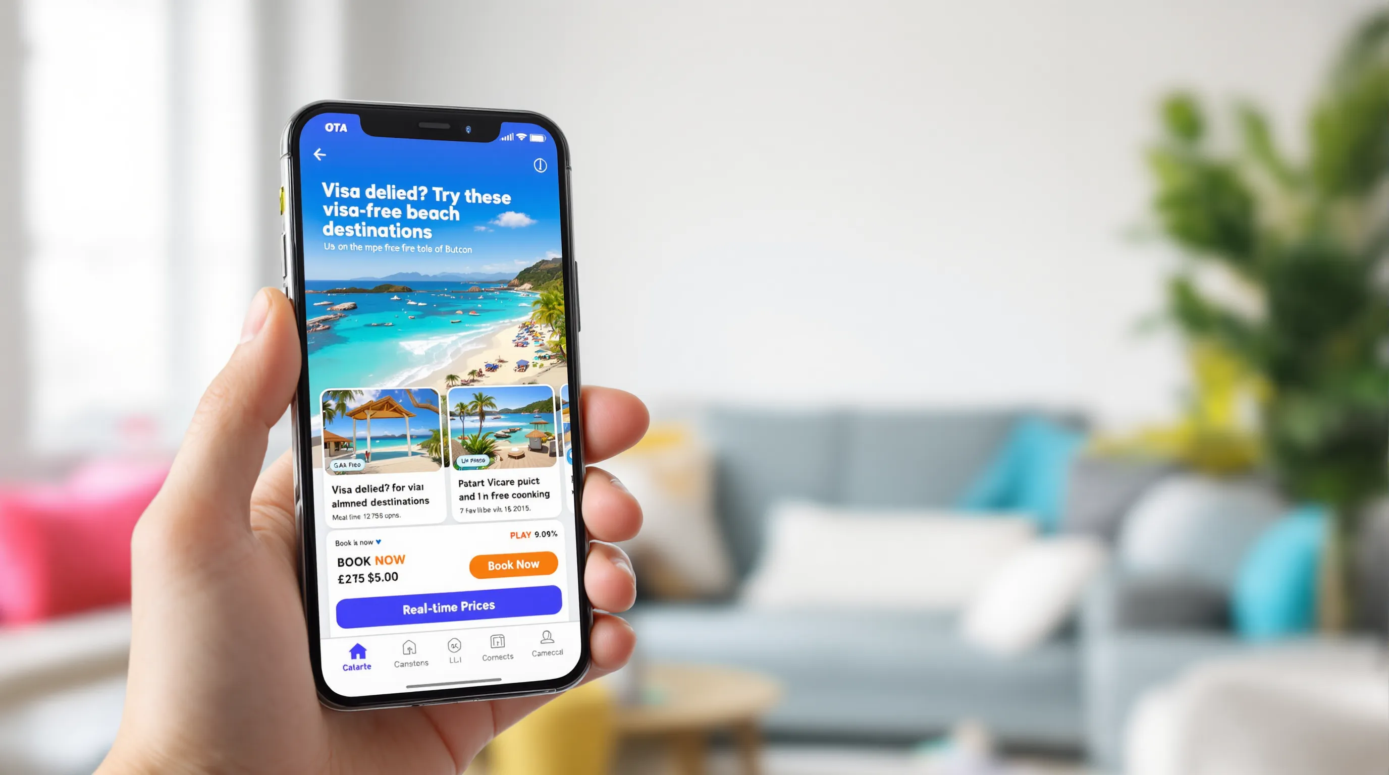Mock-up of an OTA mobile screen showing a “Visa denied? Try these visa-free beach destinations” carousel with book-now buttons and real-time prices. The user holds the phone mid-scroll in a bright living-room setting, the screen orientation is correct and no content appears behind the device.